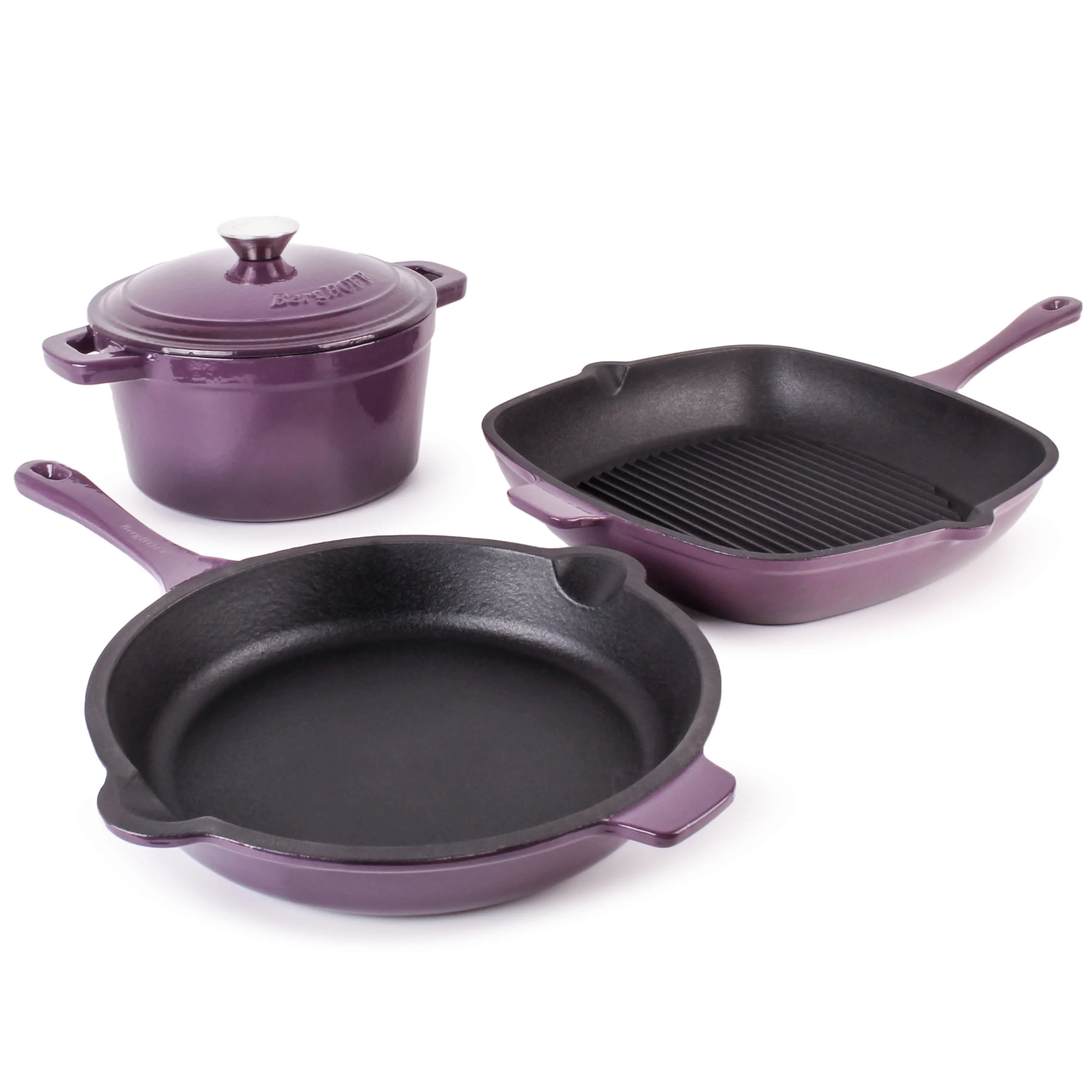 BergHOFF Neo 4pc Cast Iron Cookware Set, Fry Pan, Grill Pan & Round Dutch Oven - Image 3
