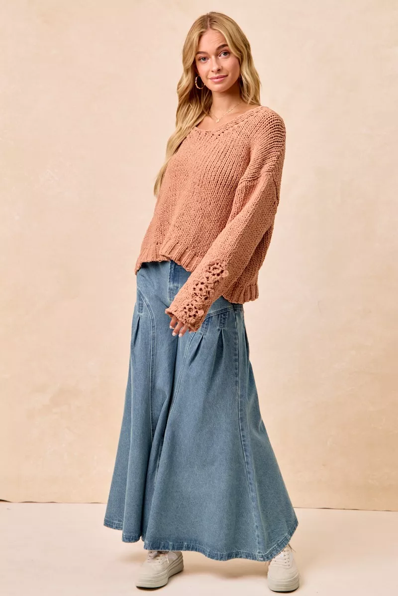 BiBi Chunky Knit Sweater with Flower Detail Sleeves - Image 4