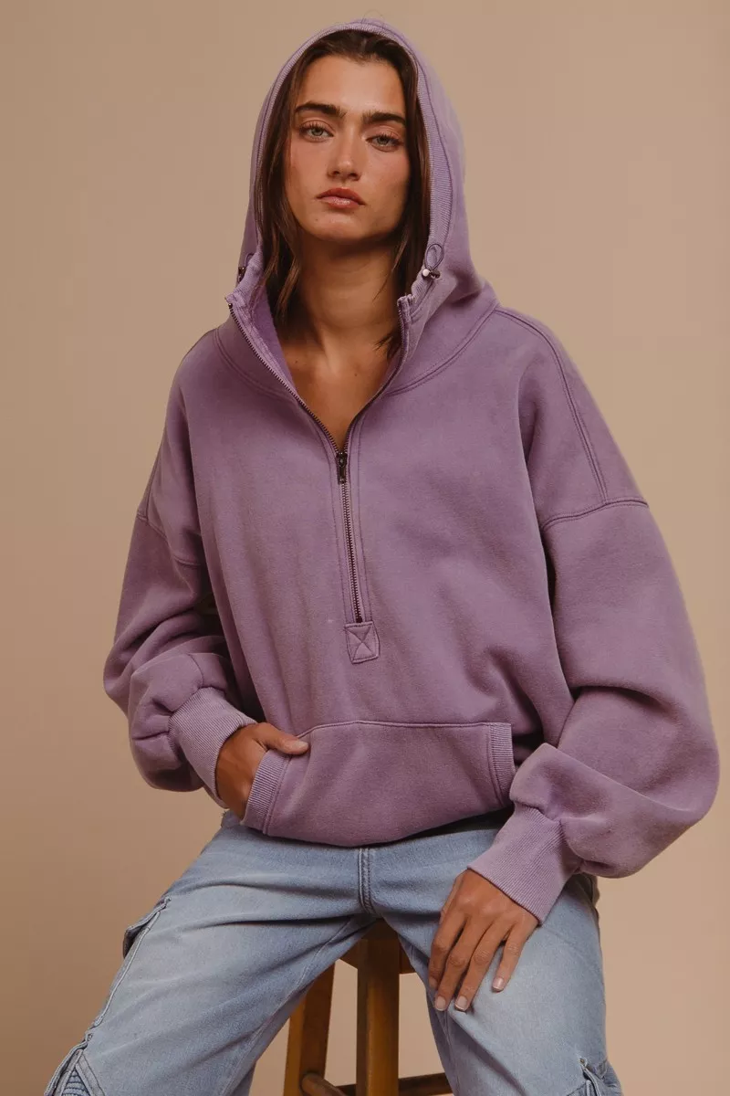 BiBi Stitch Detailed Elastic Hem Half Zip Fleece Hoodie - Image 7