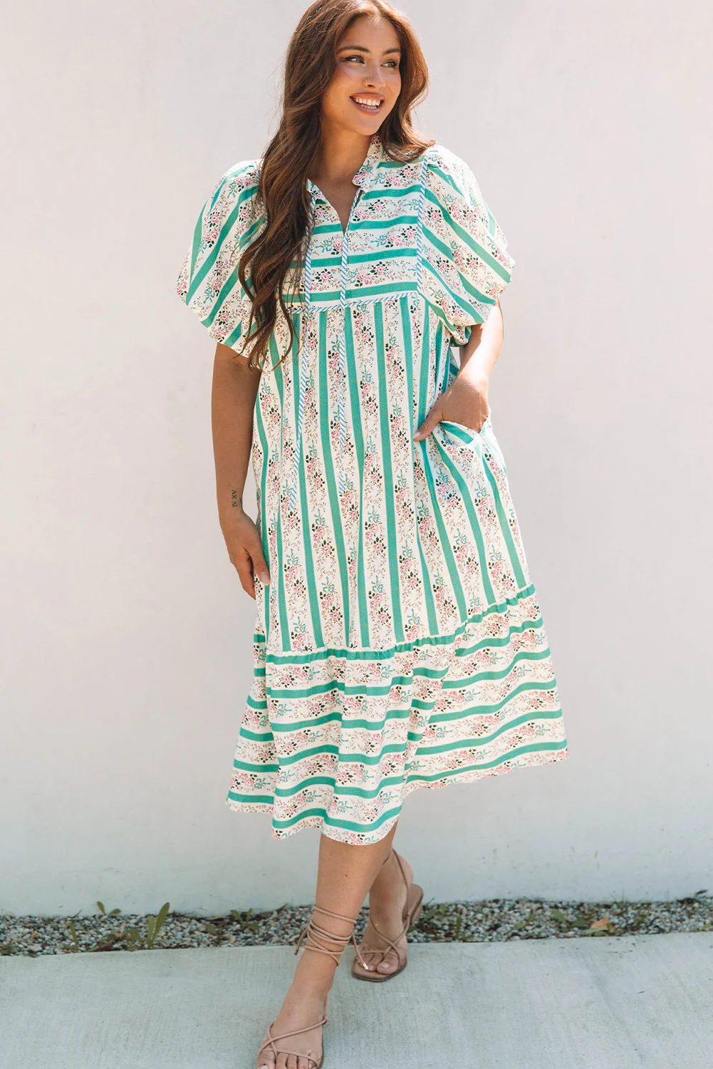 Threaded Pear Billie Striped Floral Tie Split Neck Puff Sleeve Midi Dress - Image 4