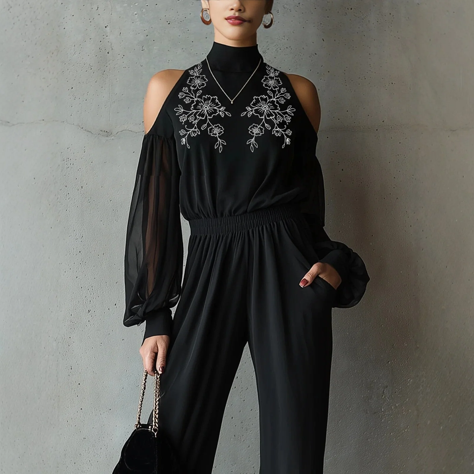 Black Embroidered Women’s Long-Sleeve Wide-Leg Jumpsuit - Image 4