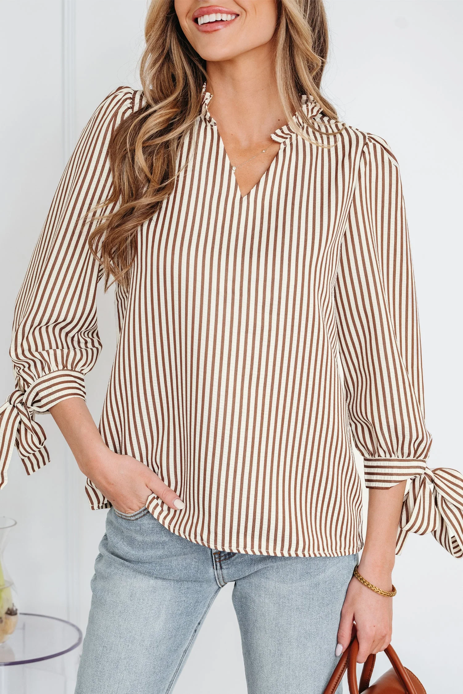 Threaded Pear Blair Tied Cuffs Seersucker Blouse - Image 6