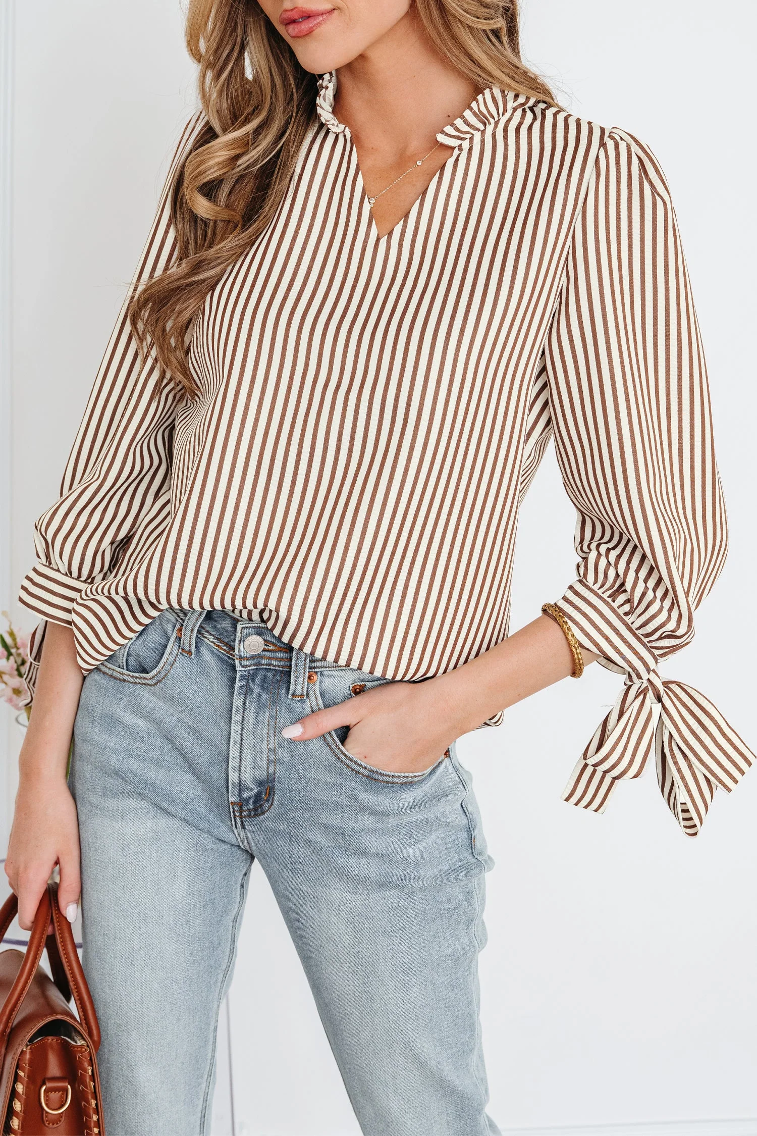 Threaded Pear Blair Tied Cuffs Seersucker Blouse - Image 7