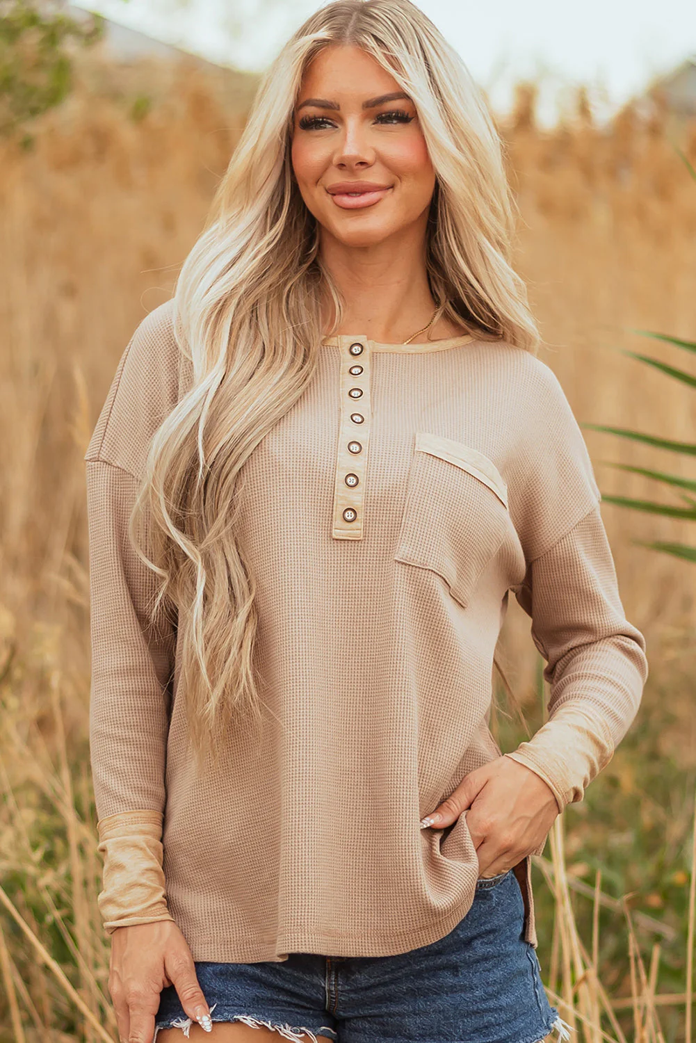 Threaded Pear Blake Waffle Textured Tunic Henley Top with Slits - Image 5