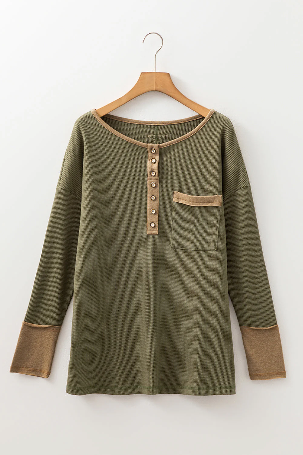Threaded Pear Blake Waffle Textured Tunic Henley Top with Slits - Image 8