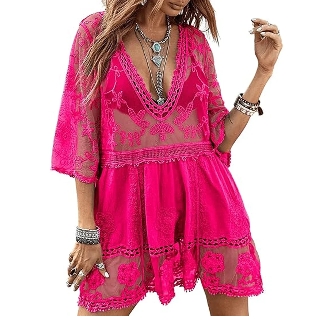 Boho Floral Sheer Cover Up Dress - Image 28
