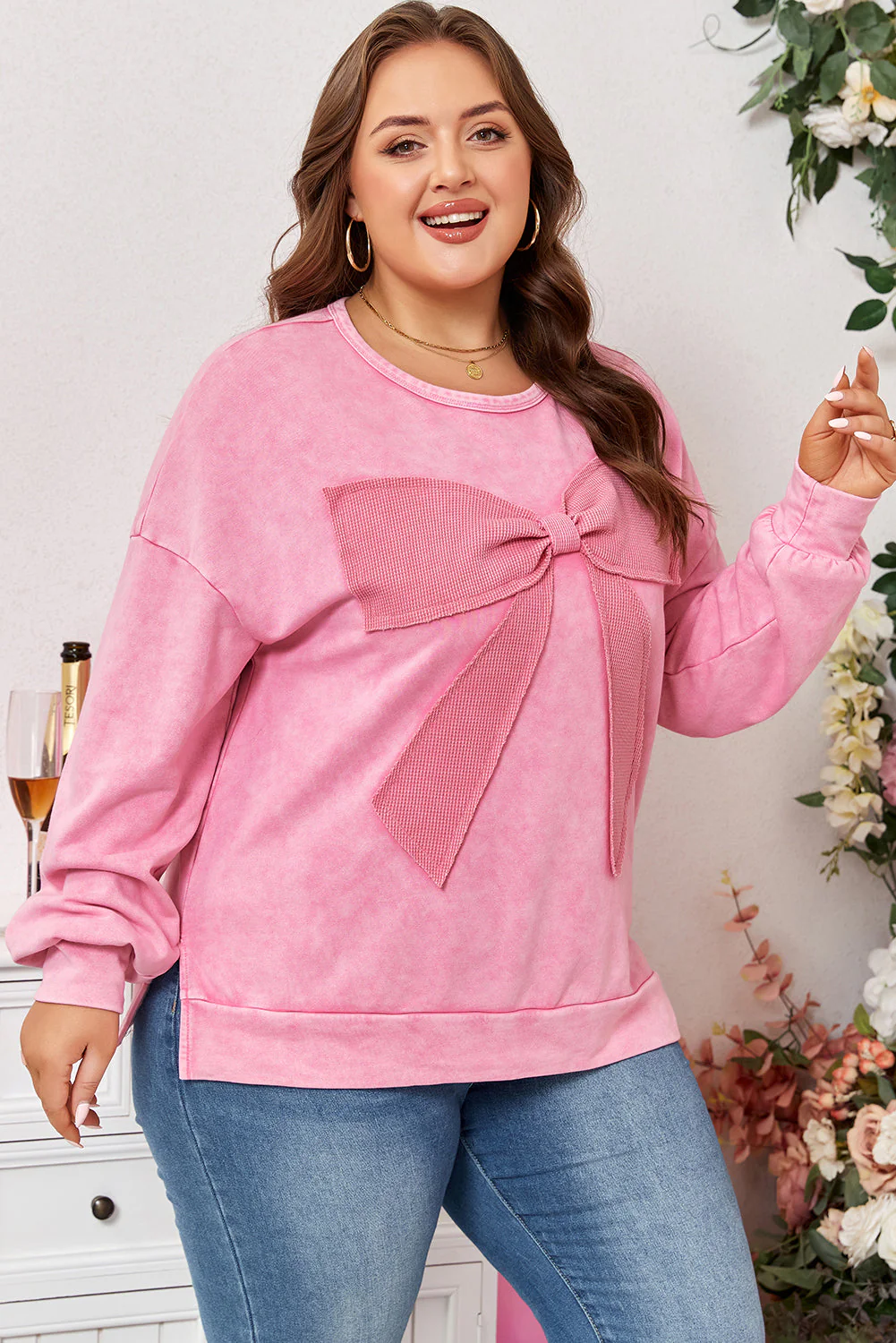 Threaded Pear Bonbon Waffle Bowknot Patchwork Graphic Mineral Wash Plus Size Sweatshirt - Image 3
