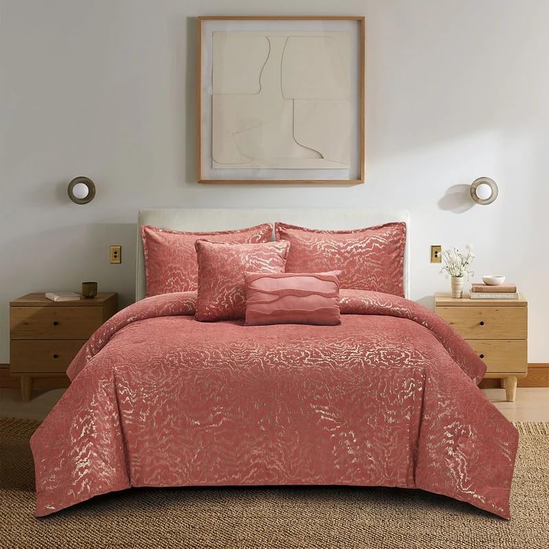 Botanical 5-Piece Comforter Set - Pintuck Bedding with Abstract Wave Design - Image 5