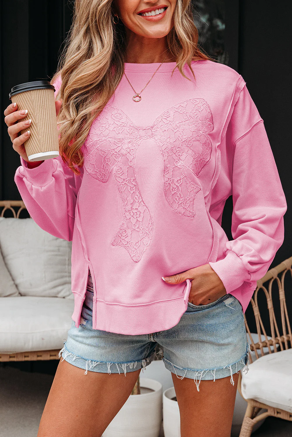 Threaded Pear Brianna Lace Bow Embroidered Exposed Seam Sweatshirt - Image 6