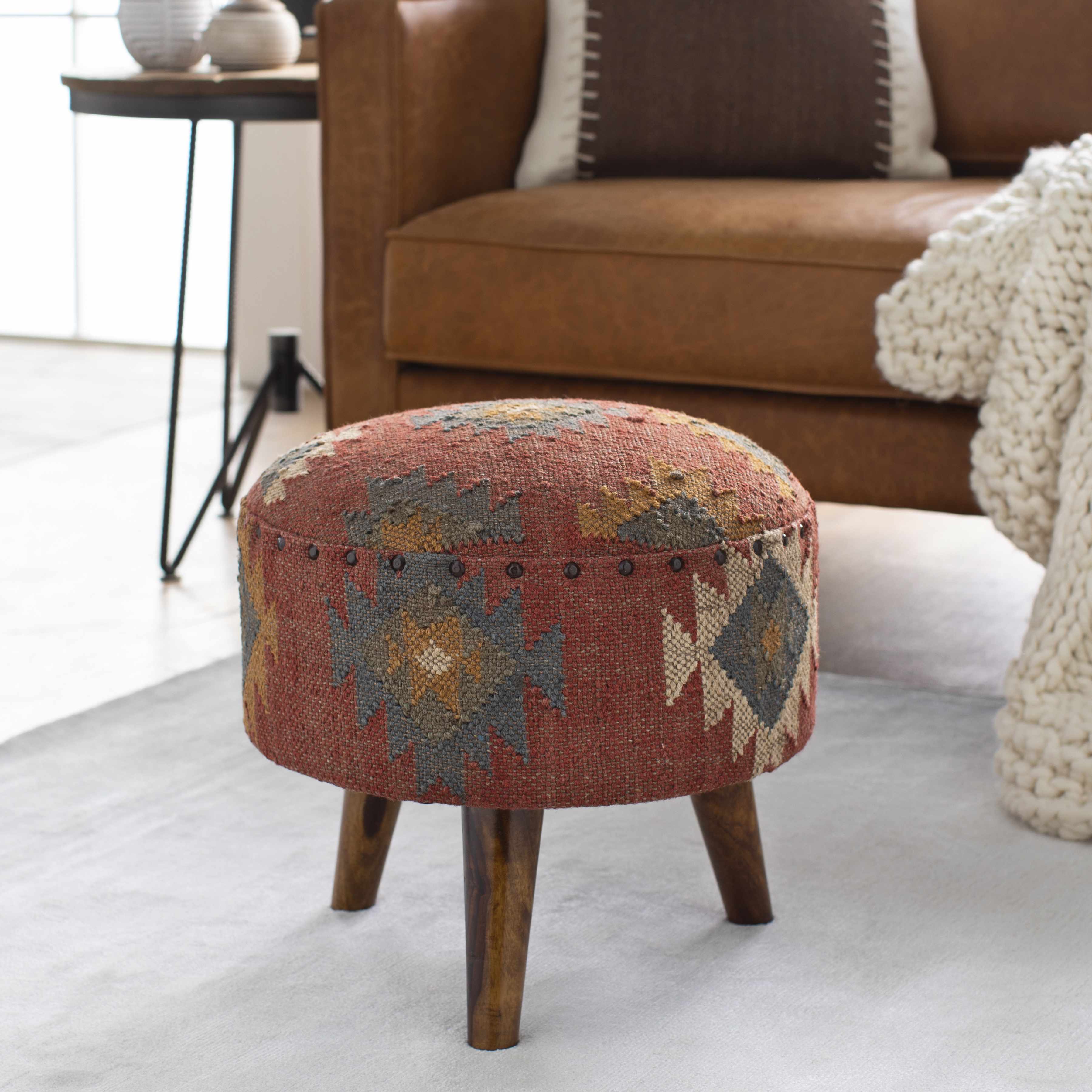 Brick Red Wood Frame Ottoman Stool - Clearance - Image 3