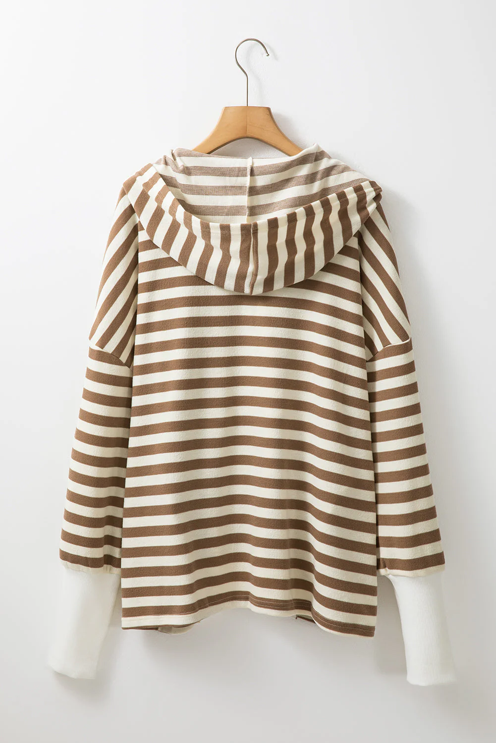 Threaded Pear Brown Stripe Quarter Buttons Drop Sleeve Plus Size Hoodie - Image 10