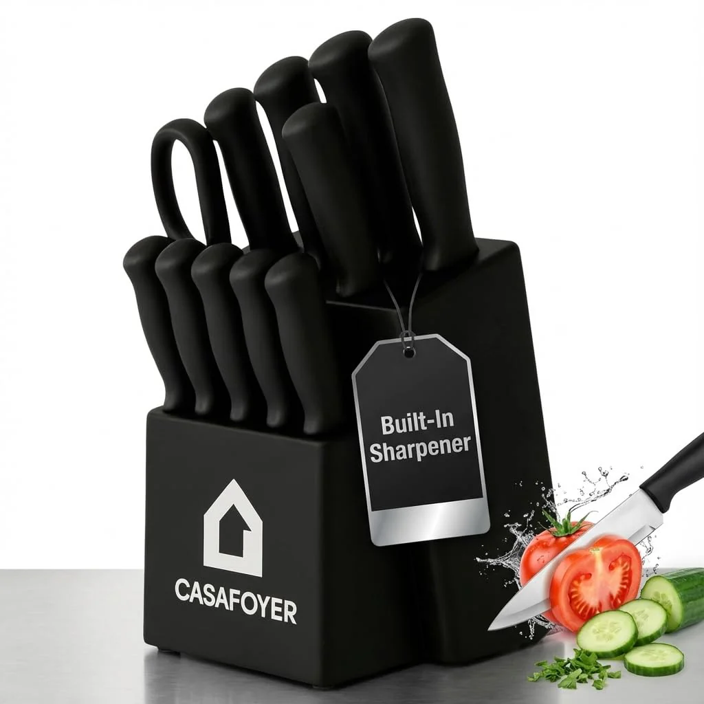 CASAFOYER 15-Piece Kitchen Knife Set with Block & Built-In Sharpener – Professional Chef Knife Set, Stainless Steel Knives Set for Kitchen, Steak Knives, Durable Kitchen Tools & Essentials