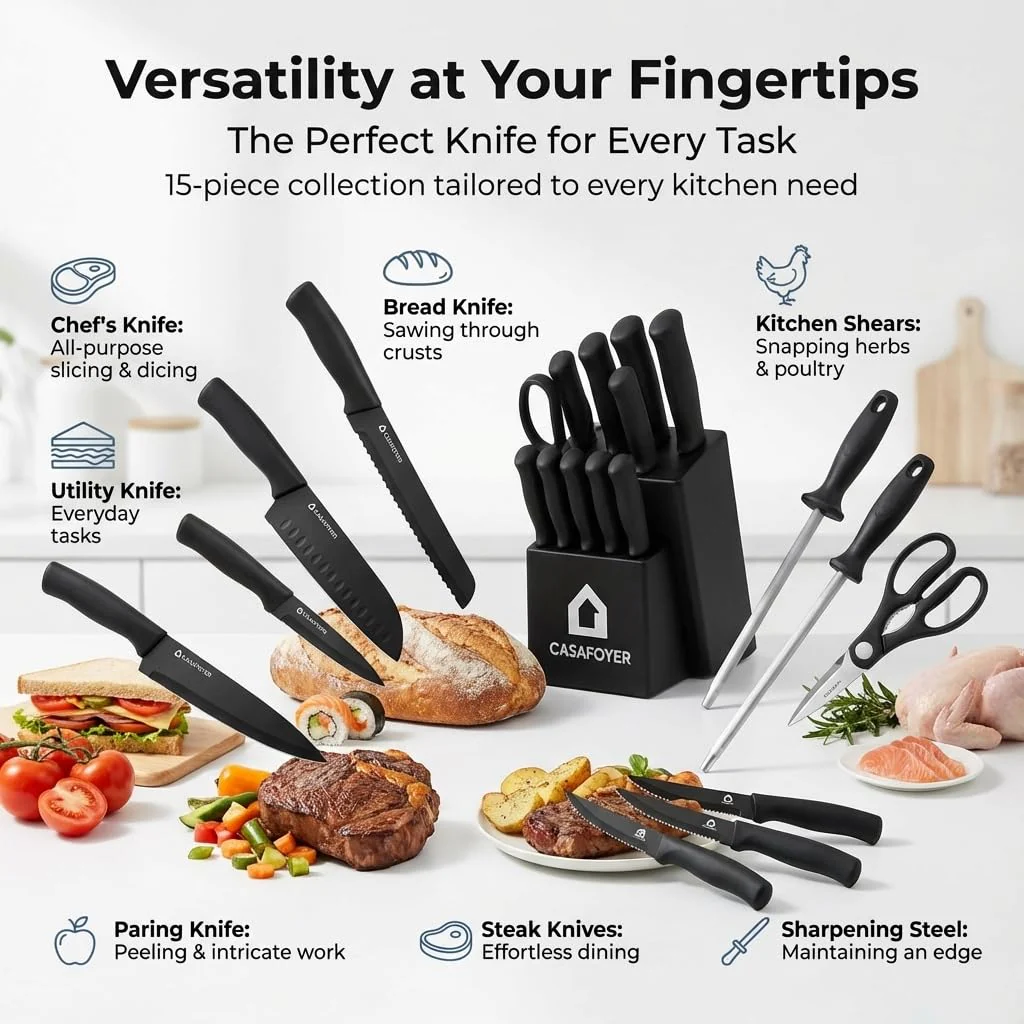 CASAFOYER 15-Piece Kitchen Knife Set with Block & Built-In Sharpener – Professional Chef Knife Set, Stainless Steel Knives Set for Kitchen, Steak Knives, Durable Kitchen Tools & Essentials - Image 3