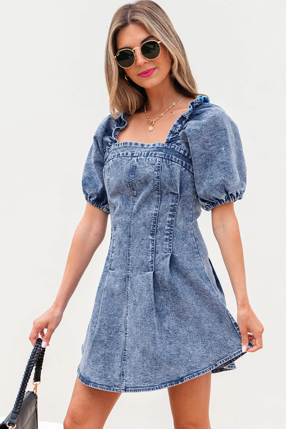 Threaded Pear Celia Square Neck Bustier Puff Sleeve Short Denim Dress - Image 4