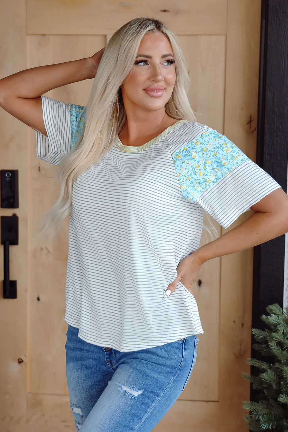 Threaded Pear Chana Stripe Floral Sleeves Top - Image 4