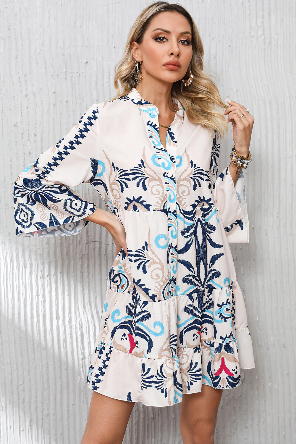 Threaded Pear Chandler Bracelet Sleeve Buttoned Mini Dress - Image 3