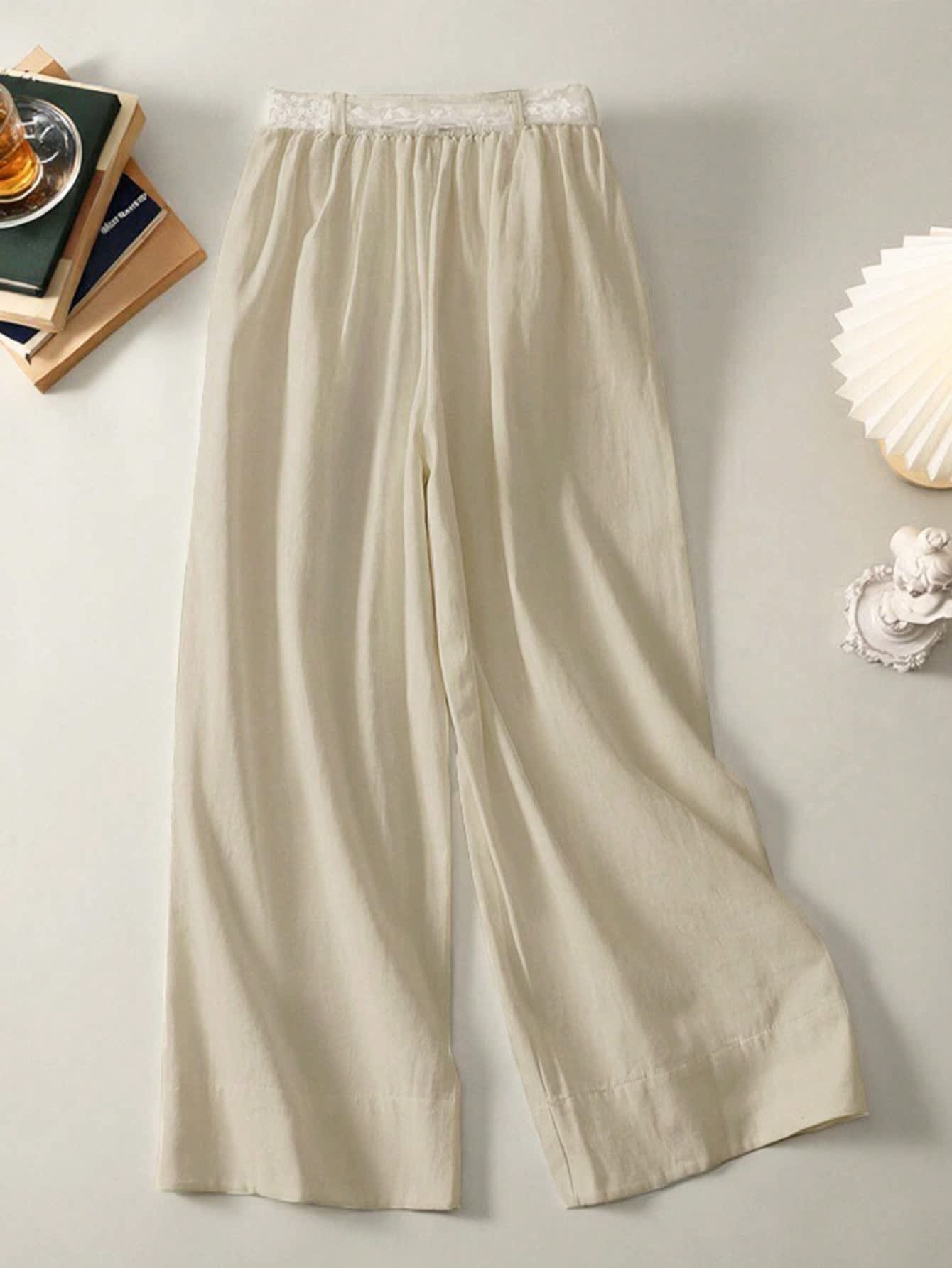 Chic YC Women's Beige Wide-Leg Pants Spring Summer Elegant Lace Belt High-Waisted Casual Trousers - Image 6