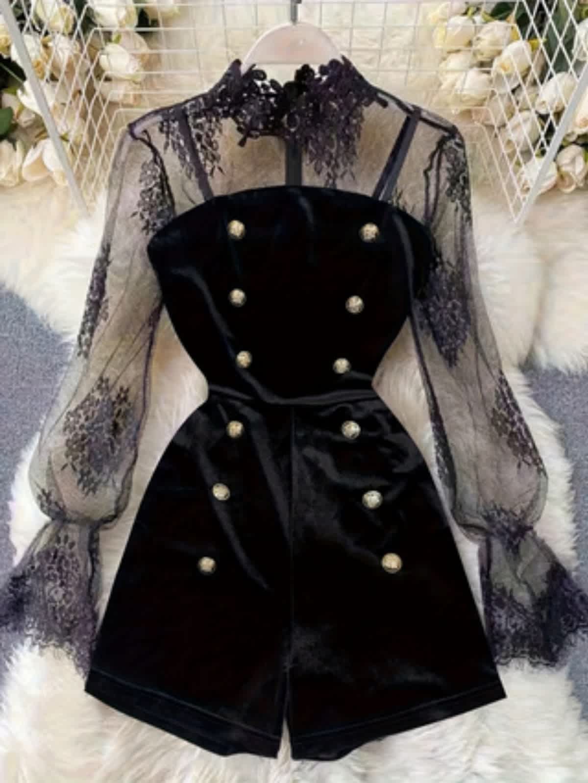 Chic YC Women's Black Velvet Lace Romper Fall Winter Elegant Double-Breasted Sheer Long-Sleeve Jumpsuit - Image 12