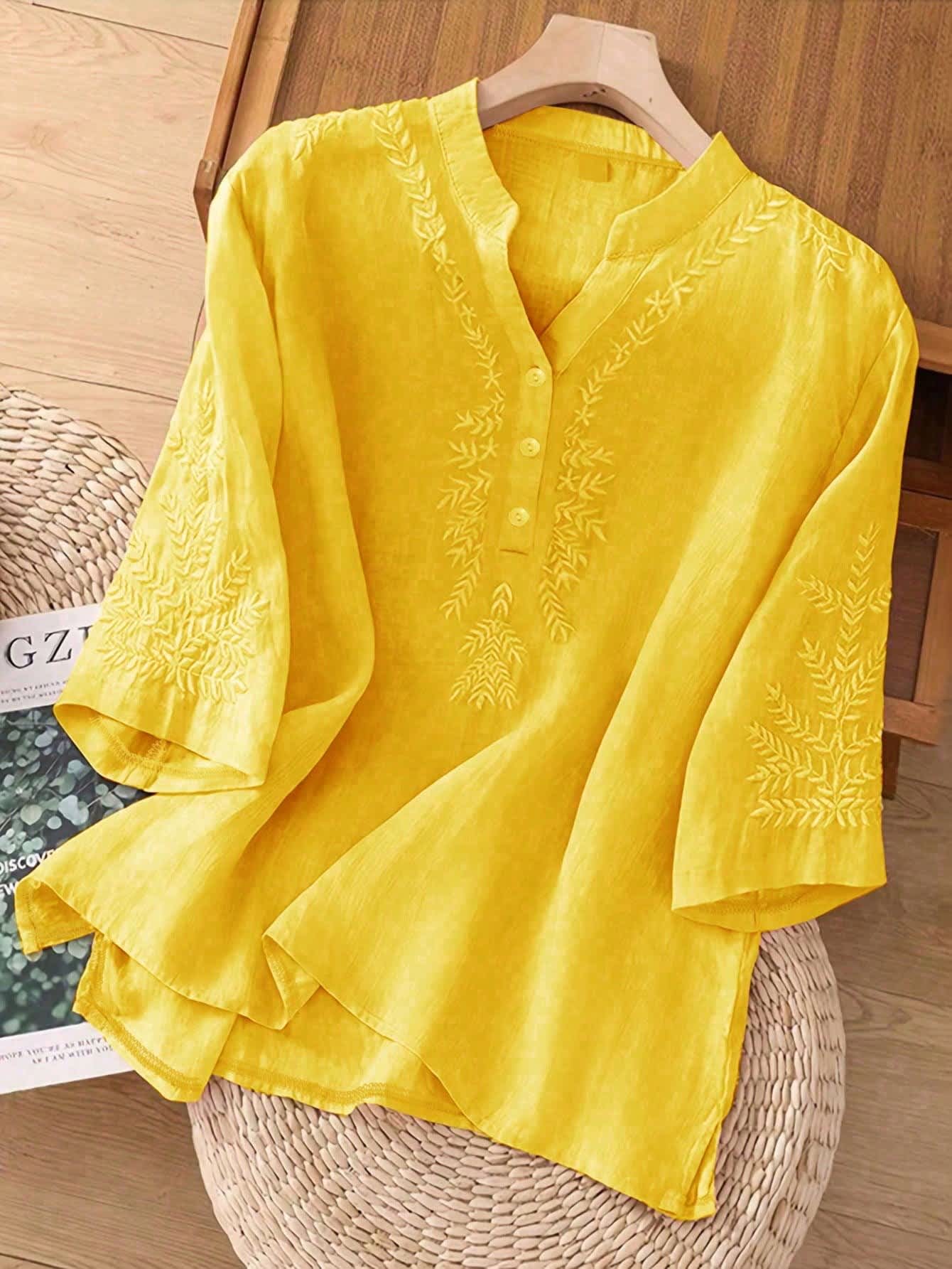 Chic YC Women's Embroidery V-Neck Half Sleeve Blouse Loose Summer Casual Boho Style Shirt - Image 35
