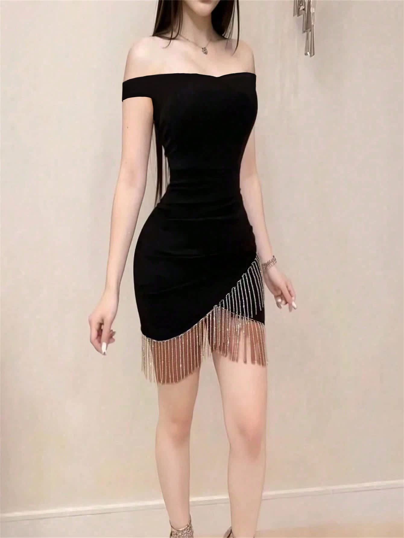 Chic YC Women's Off Shoulder Bodycon Mini Dress Rhinestone Fringe Trim Party Dress Fall Winter Elegant Evening Wear - Image 4