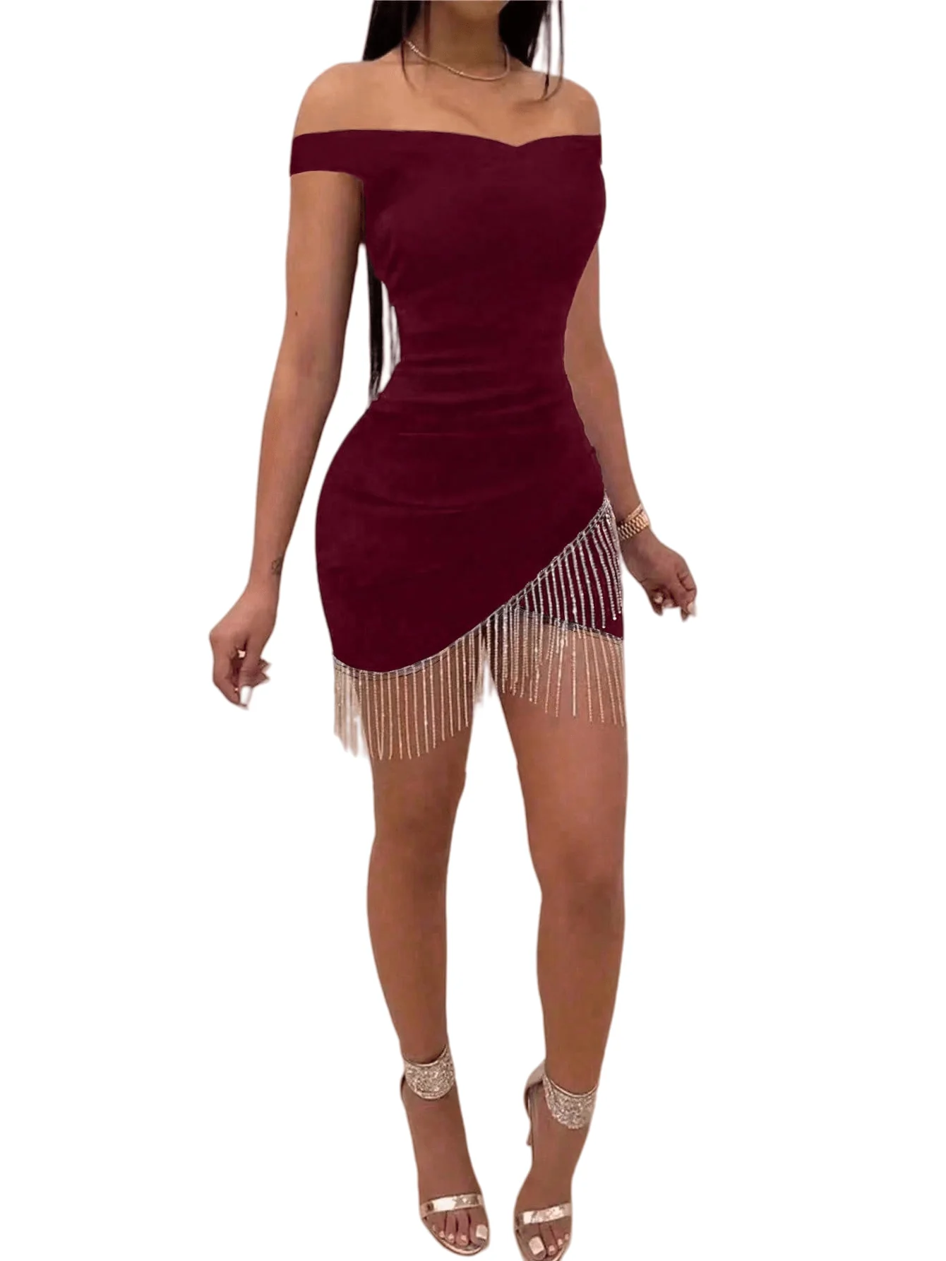 Chic YC Women's Off Shoulder Bodycon Mini Dress Rhinestone Fringe Trim Party Dress Fall Winter Elegant Evening Wear - Image 7