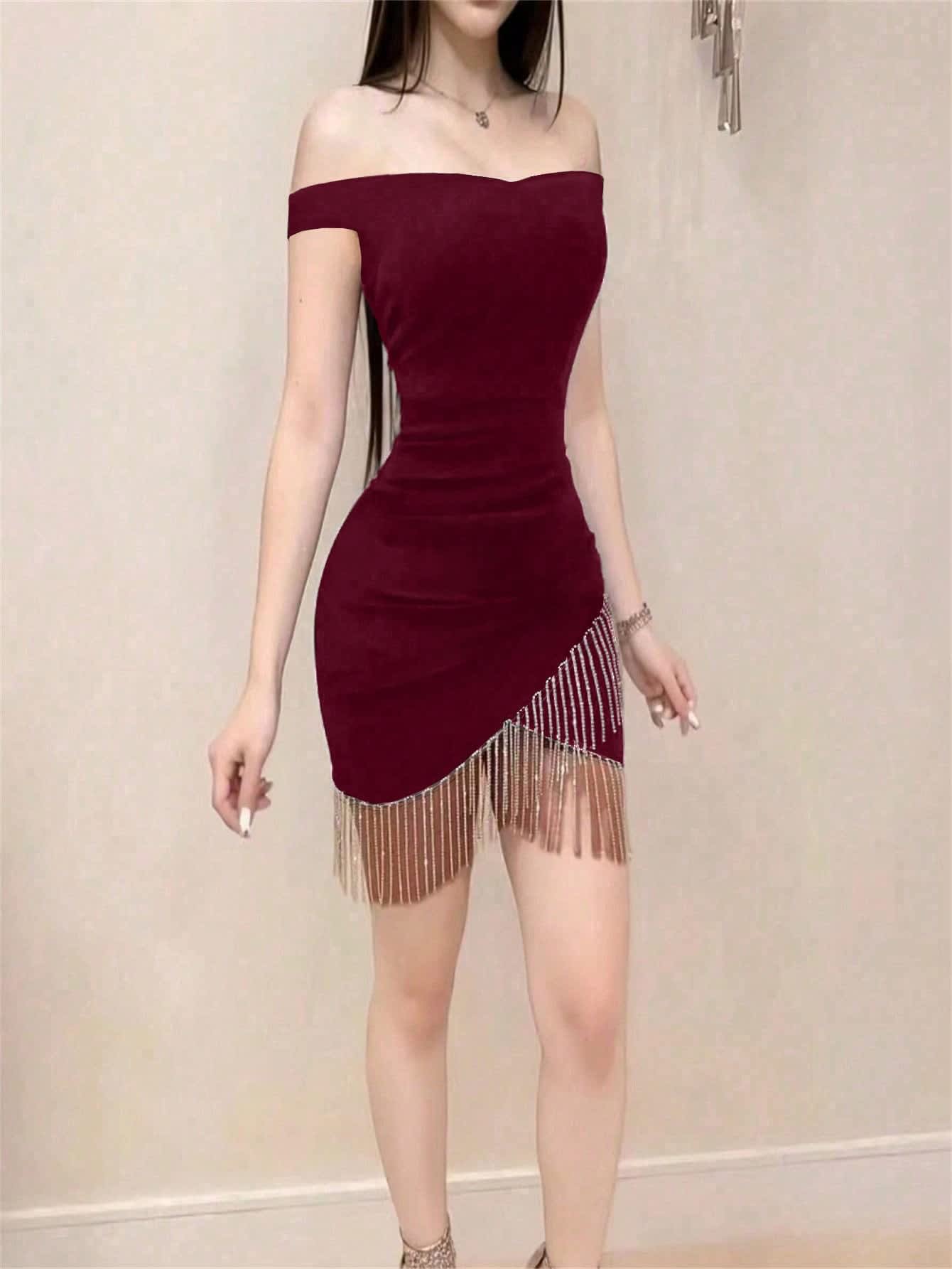 Chic YC Women's Off Shoulder Bodycon Mini Dress Rhinestone Fringe Trim Party Dress Fall Winter Elegant Evening Wear - Image 9
