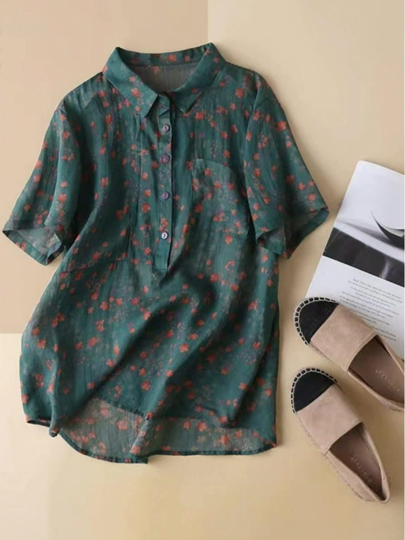 Chic YC Women's Oversized Floral Print Short Sleeve Button Blouse Lightweight Summer Casual Loose Shirt - Image 5
