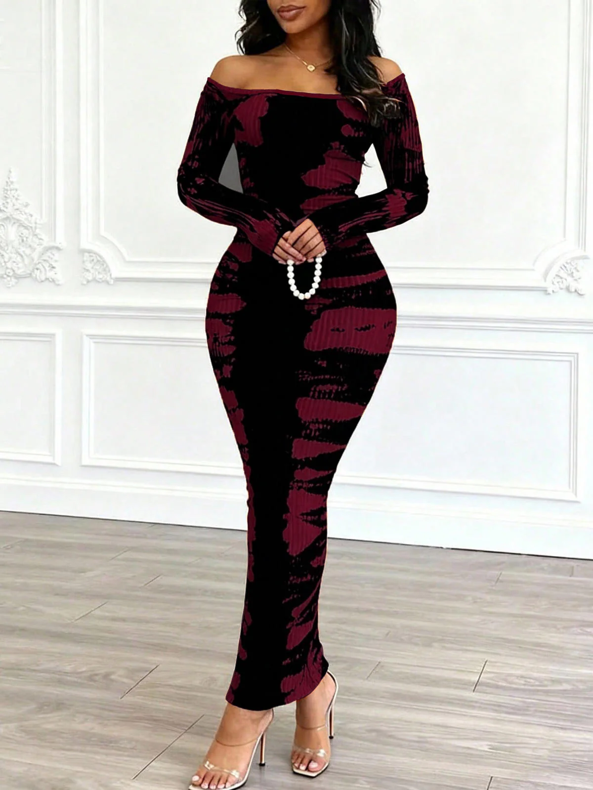 Chic YC Women's Ribbed Tie Dye Bodycon Maxi Dress Square Neck Long Sleeve Casual Evening Dress - Image 33