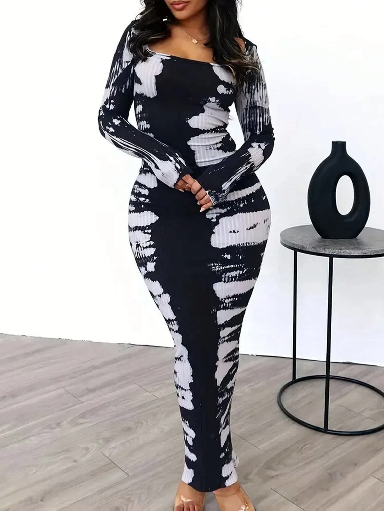 Chic YC Women's Ribbed Tie Dye Bodycon Maxi Dress Square Neck Long Sleeve Casual Evening Dress - Image 5