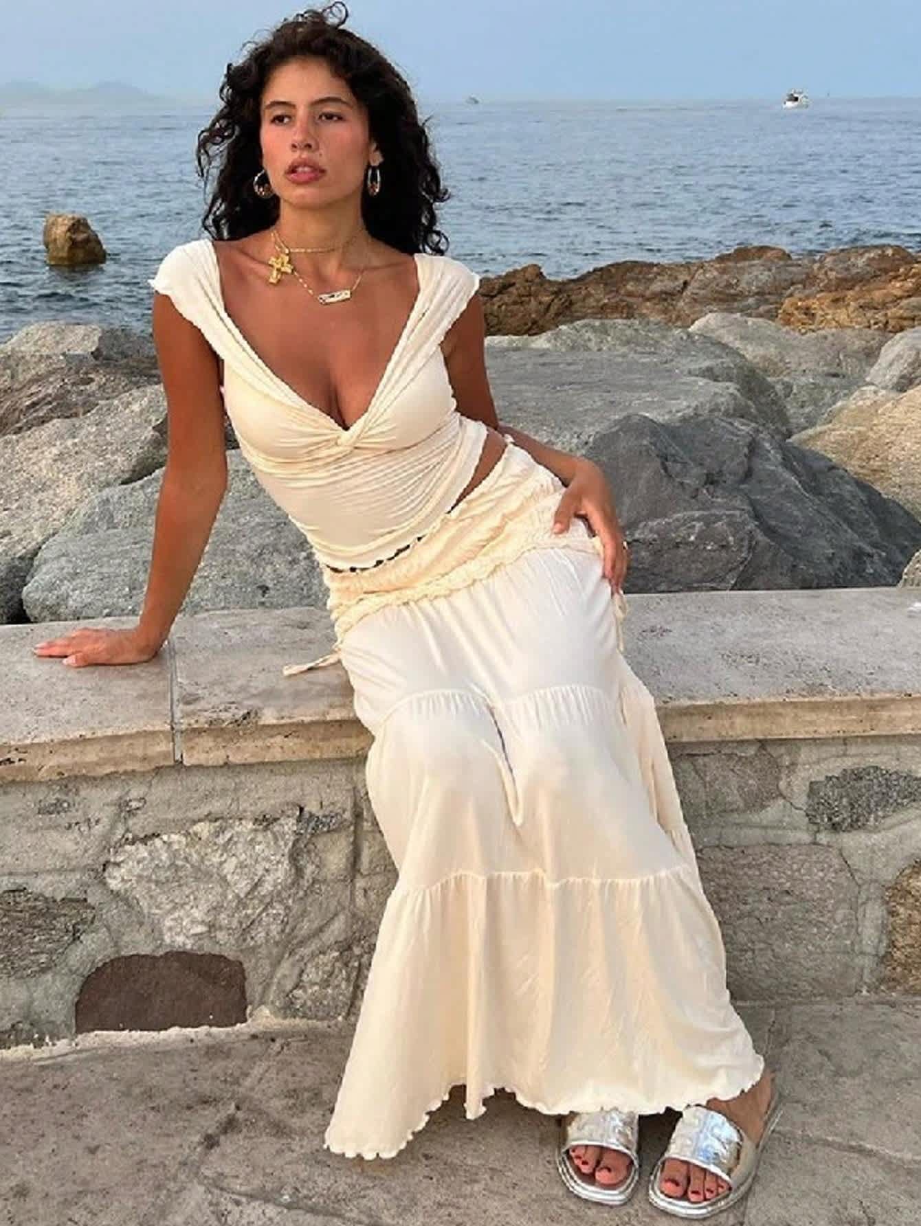 Chic YC Women's Ruched V-Neck Crop Top & Maxi Skirt Set Summer Elegant 2 Piece Outfit Casual Beach Vacation Wear - Image 5