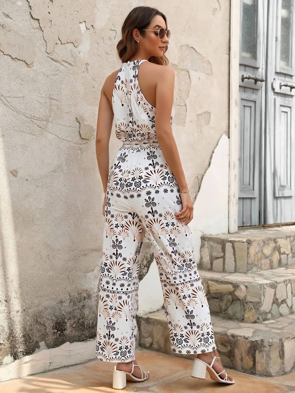 Chic YC Women's White Halter Bohemian Print Jumpsuit Summer Casual Sleeveless Waist-Tie Wide-Leg Romper - Image 9