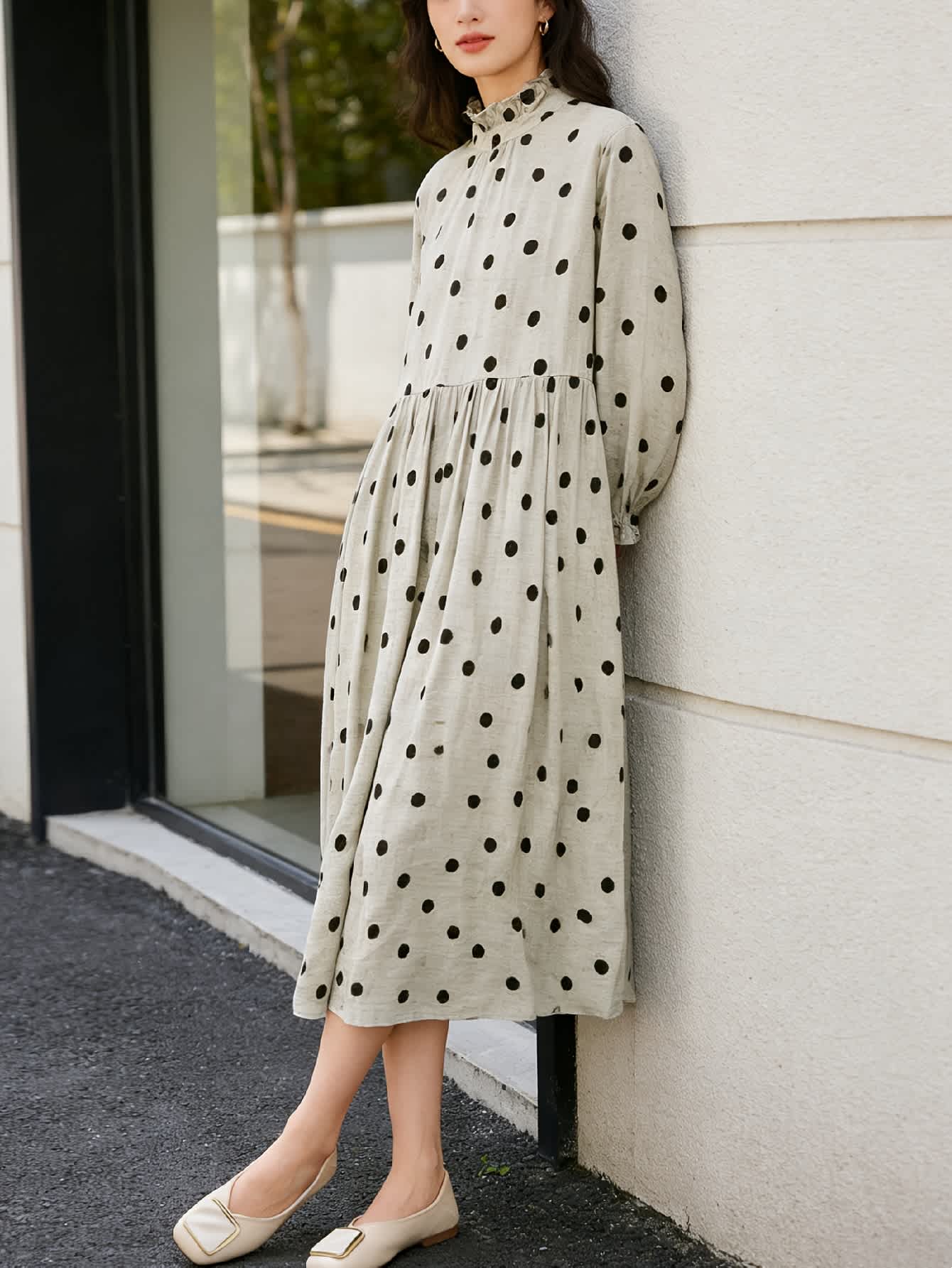 Chic YC Women's Beige Polka Dot Maxi Dress Spring Casual Loose Ruffle Neck Long-Sleeve Dress - Image 10
