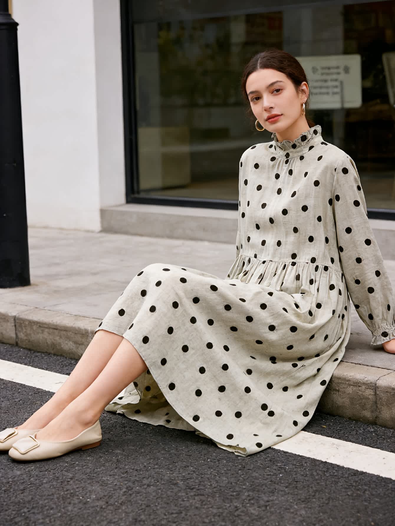 Chic YC Women's Beige Polka Dot Maxi Dress Spring Casual Loose Ruffle Neck Long-Sleeve Dress - Image 2