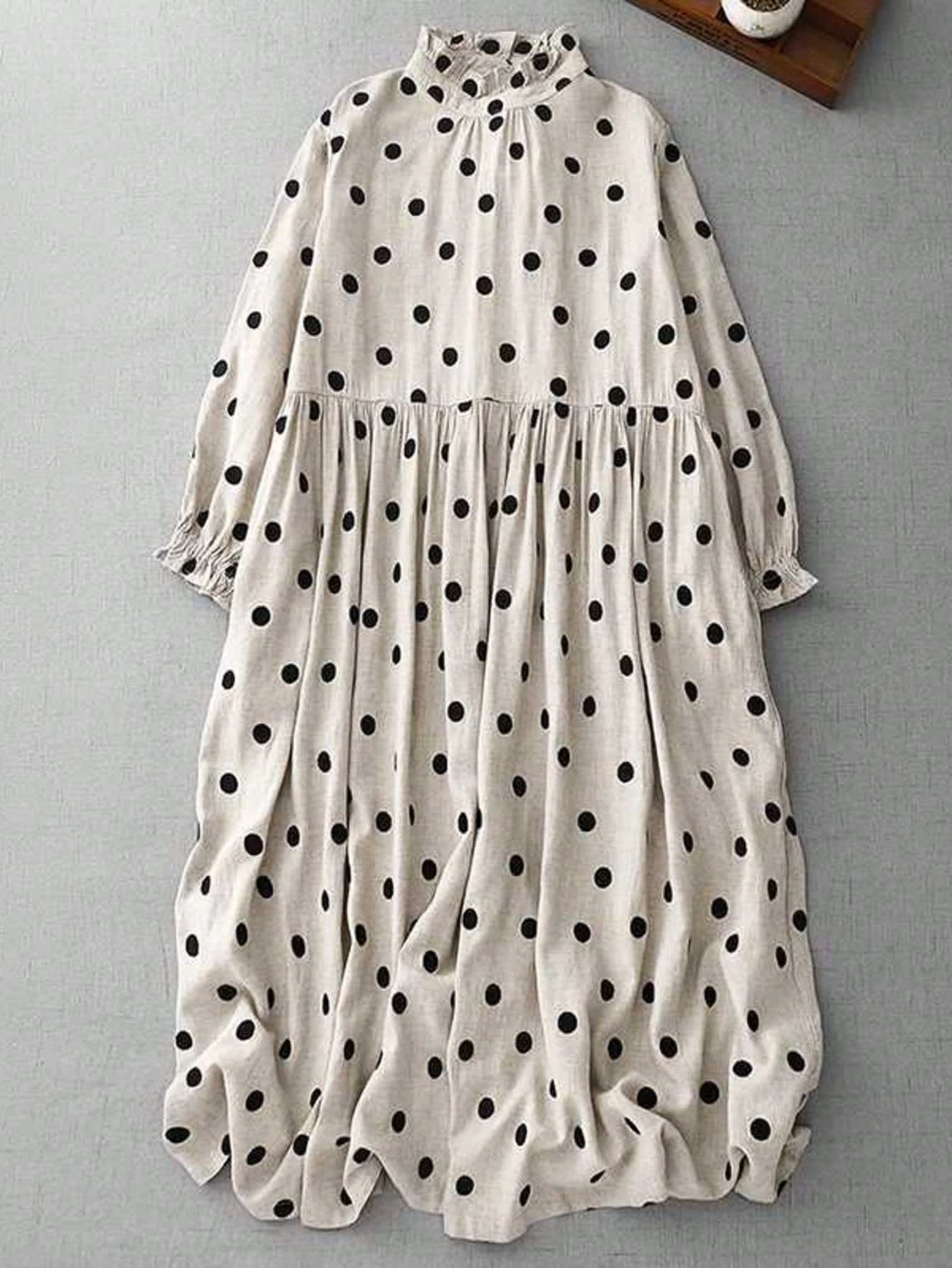 Chic YC Women's Beige Polka Dot Maxi Dress Spring Casual Loose Ruffle Neck Long-Sleeve Dress - Image 5