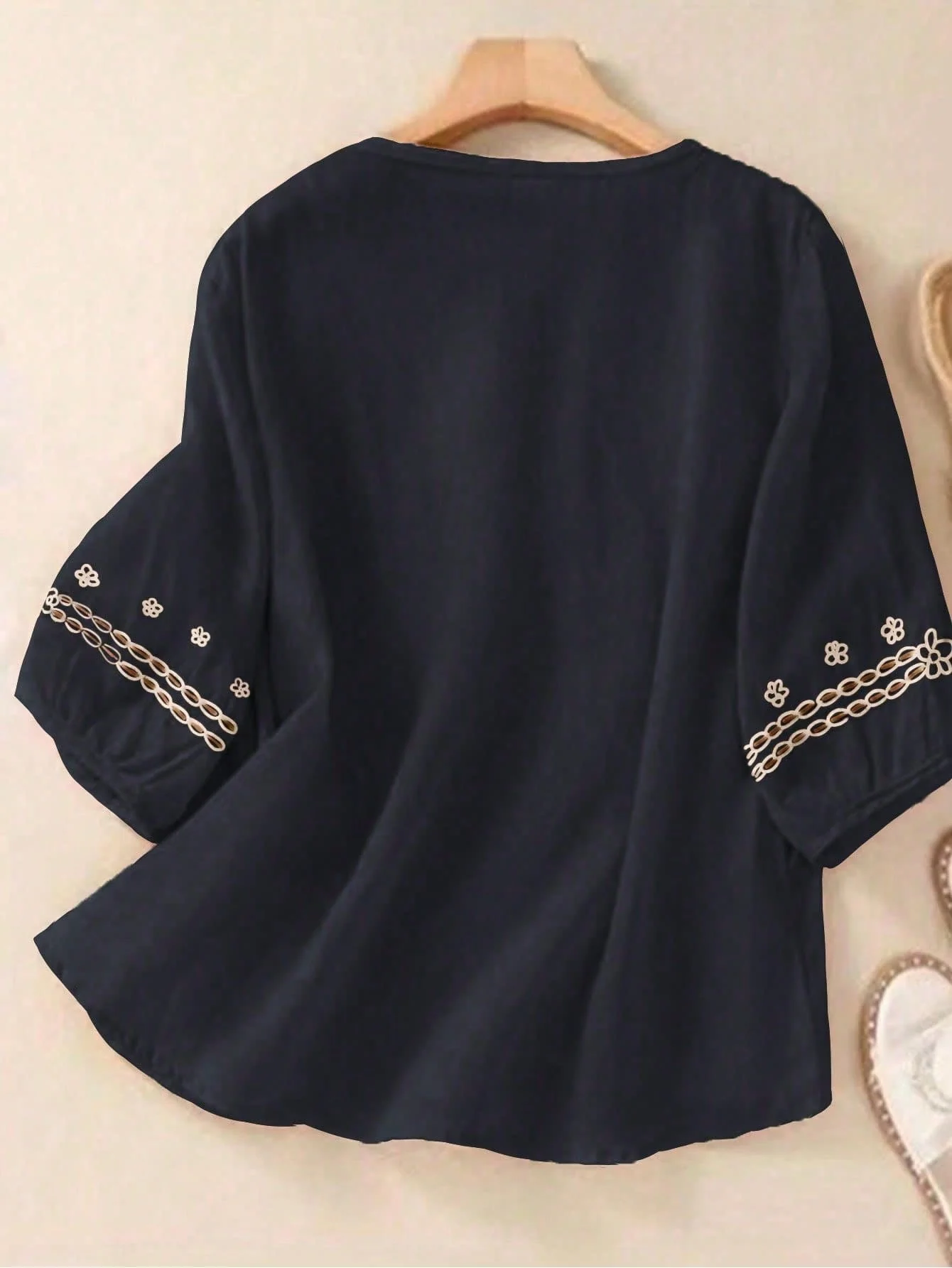 Chic YC Women's Black Boho Gold Embroidered Blouse Spring Summer Casual Half-Sleeve Top - Image 10