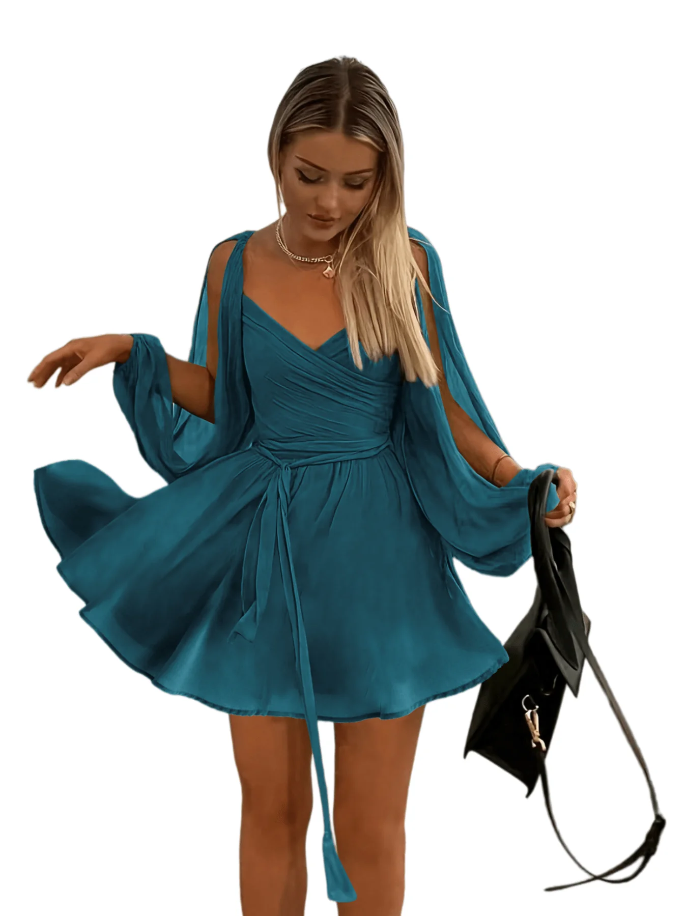 Chic YC Women's Chiffon Cape Sleeve Ruched Mini Dress V-Neck Tie Waist Summer Elegant Party Dress - Image 9