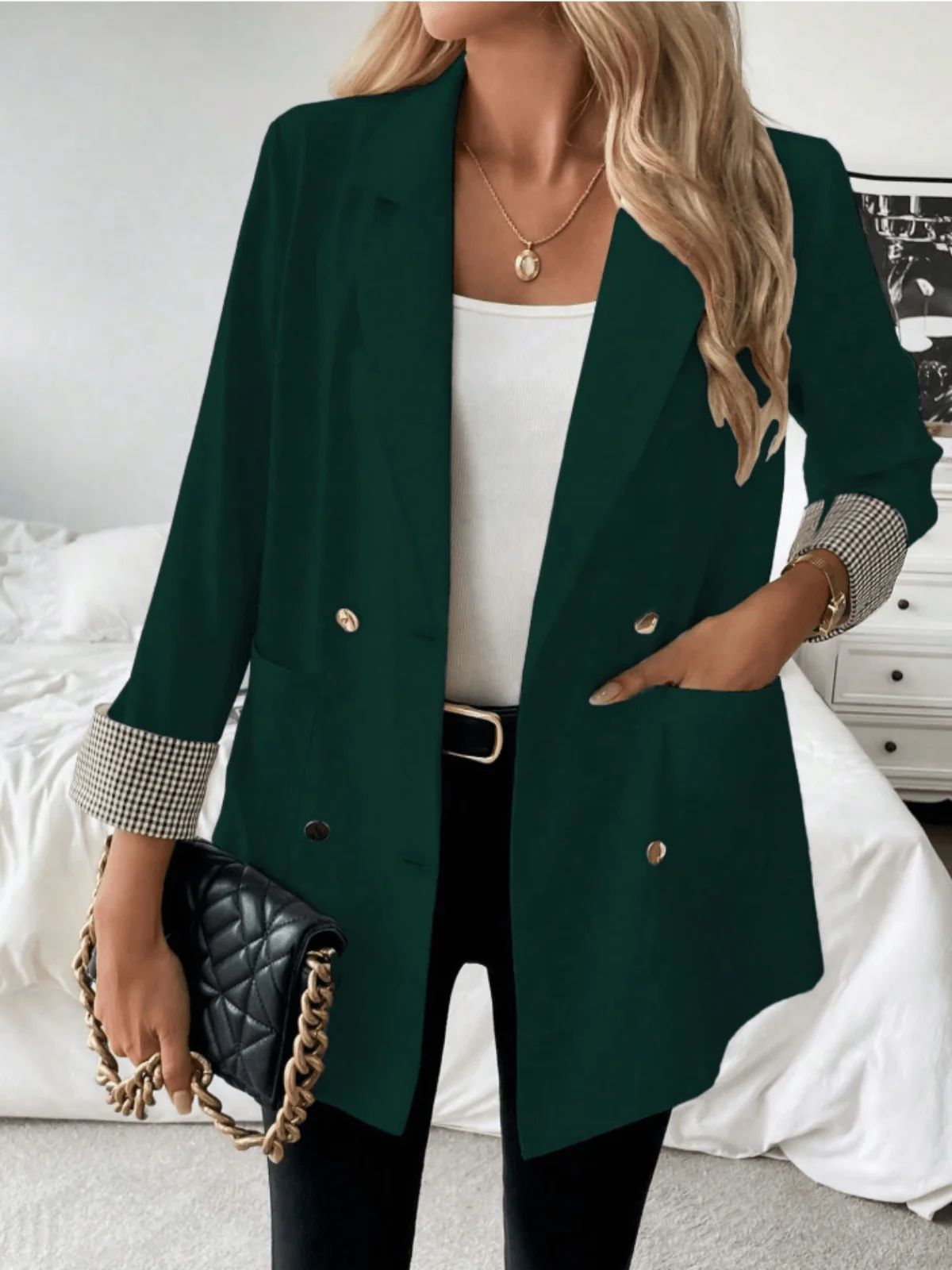 Chic YC Women's Double Breasted Blazer Plaid Cuff Elegant Office Work Casual Coat - Image 3