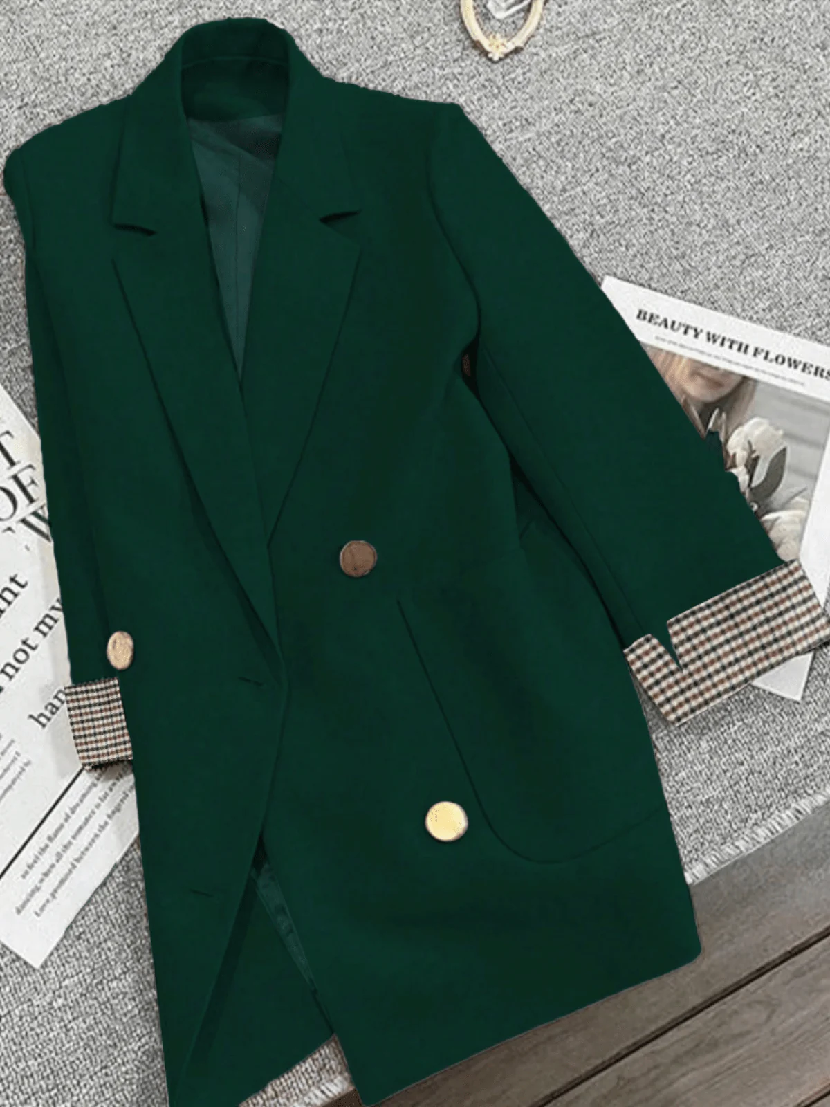 Chic YC Women's Double Breasted Blazer Plaid Cuff Elegant Office Work Casual Coat - Image 6