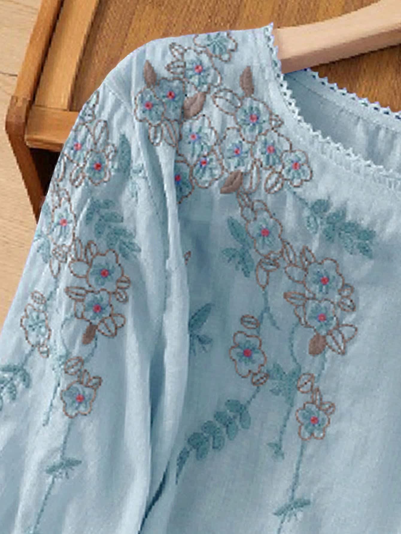 Chic YC Women's Floral Embroidered 3/4 Sleeve Blouse Ruffled Crew Neck Summer Top - Image 10