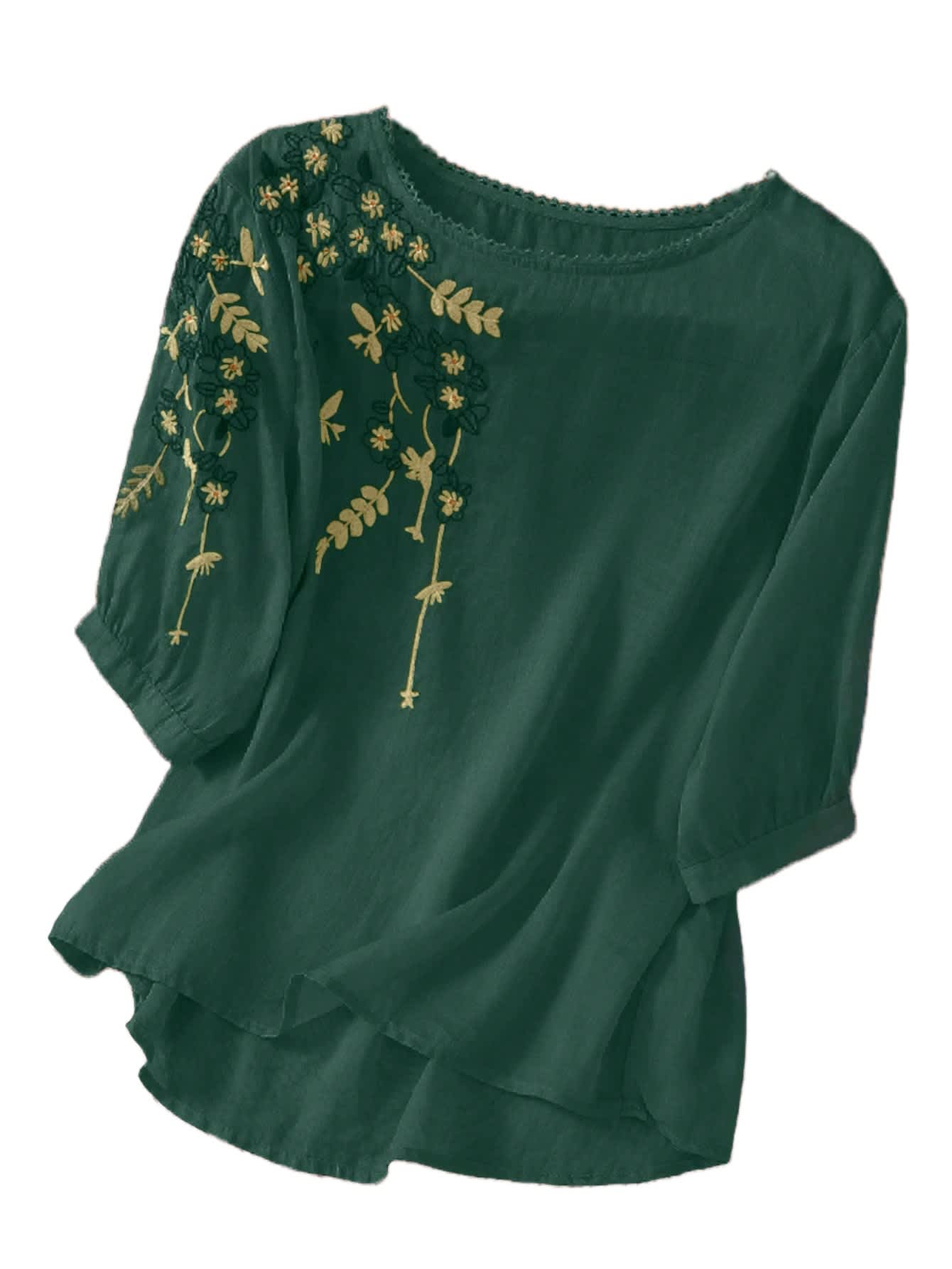 Chic YC Women's Floral Embroidered 3/4 Sleeve Blouse Ruffled Crew Neck Summer Top - Image 16
