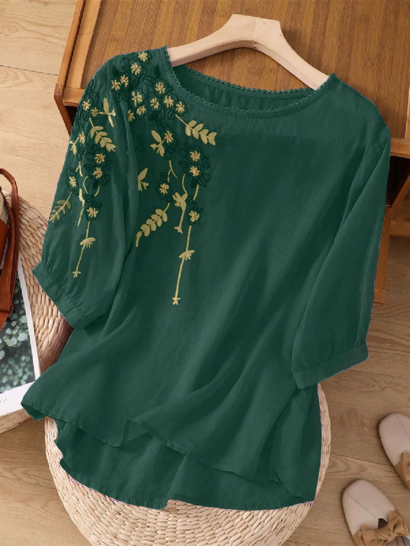 Chic YC Women's Floral Embroidered 3/4 Sleeve Blouse Ruffled Crew Neck Summer Top - Image 17