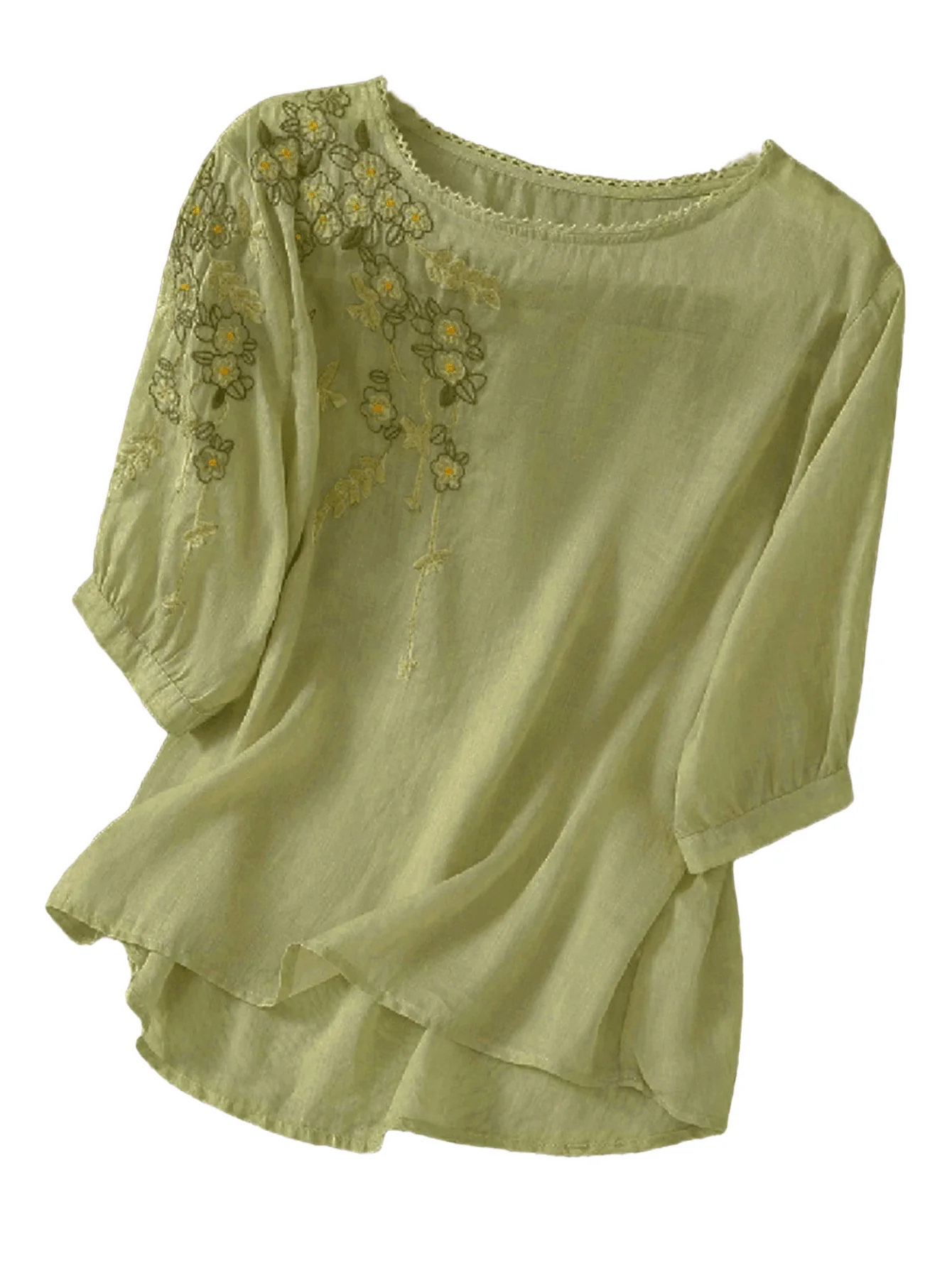 Chic YC Women's Floral Embroidered 3/4 Sleeve Blouse Ruffled Crew Neck Summer Top - Image 24