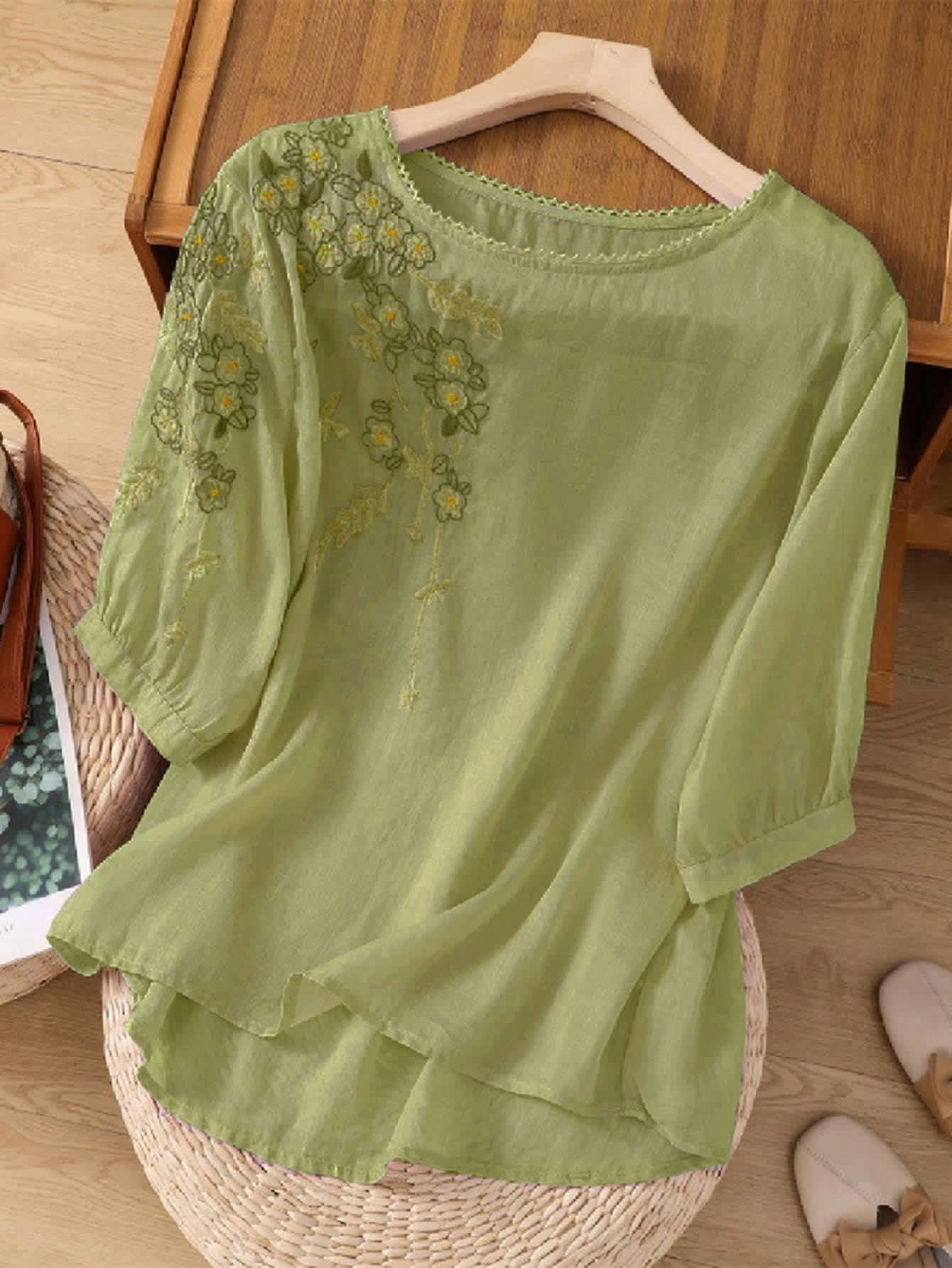 Chic YC Women's Floral Embroidered 3/4 Sleeve Blouse Ruffled Crew Neck Summer Top - Image 25