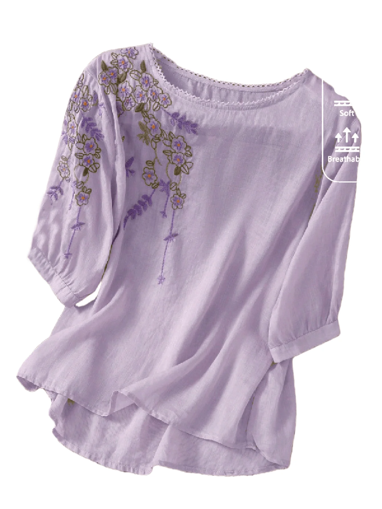 Chic YC Women's Floral Embroidered 3/4 Sleeve Blouse Ruffled Crew Neck Summer Top - Image 40