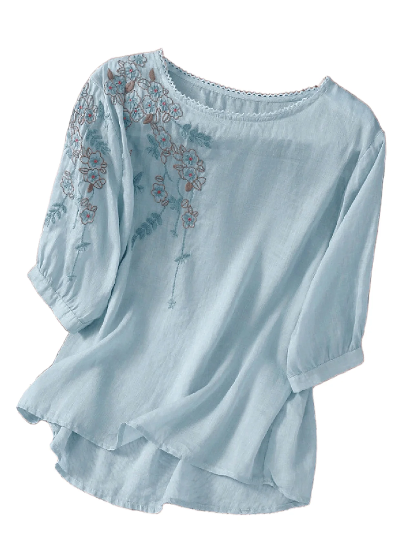 Chic YC Women's Floral Embroidered 3/4 Sleeve Blouse Ruffled Crew Neck Summer Top - Image 55