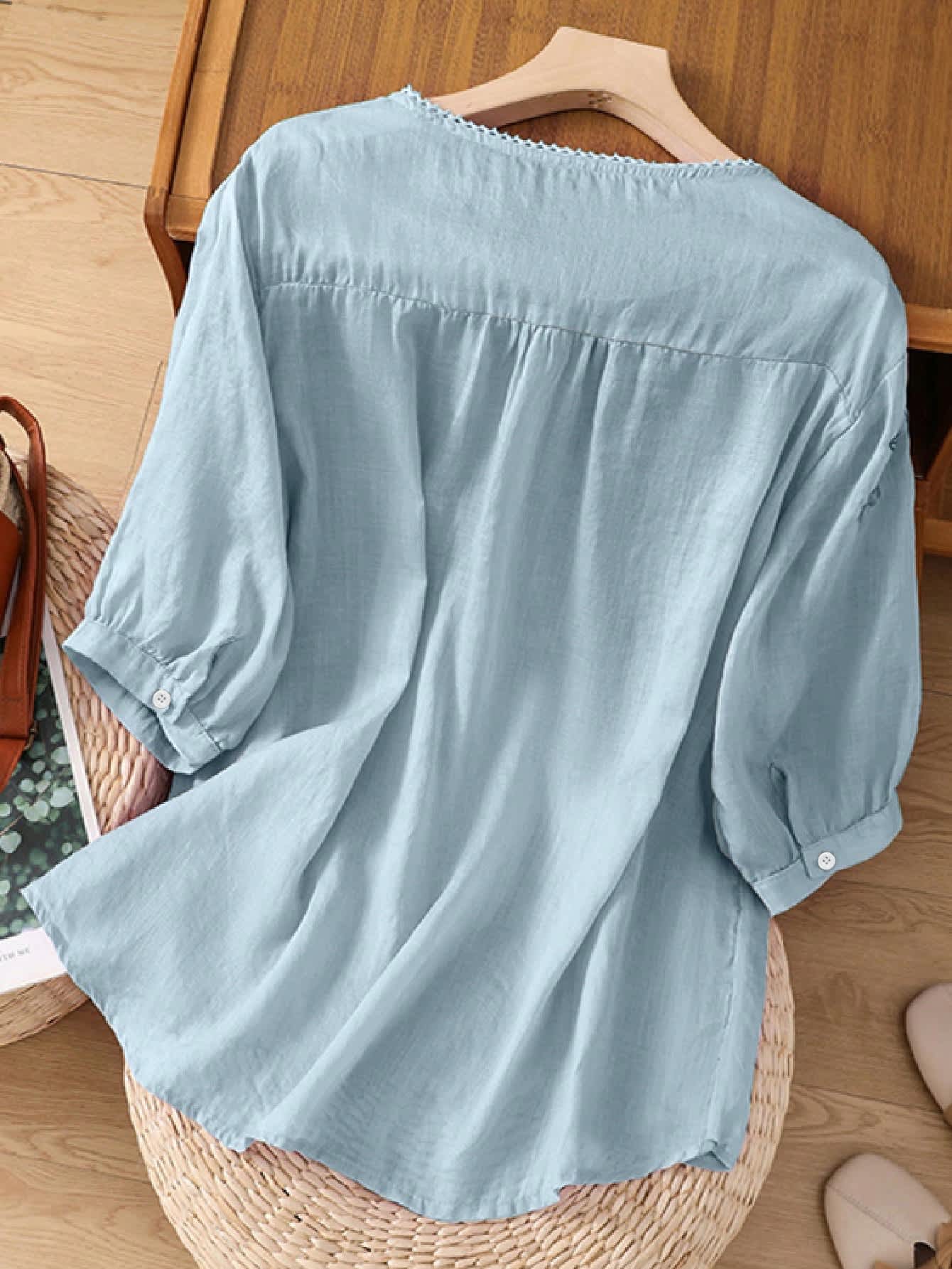 Chic YC Women's Floral Embroidered 3/4 Sleeve Blouse Ruffled Crew Neck Summer Top - Image 57