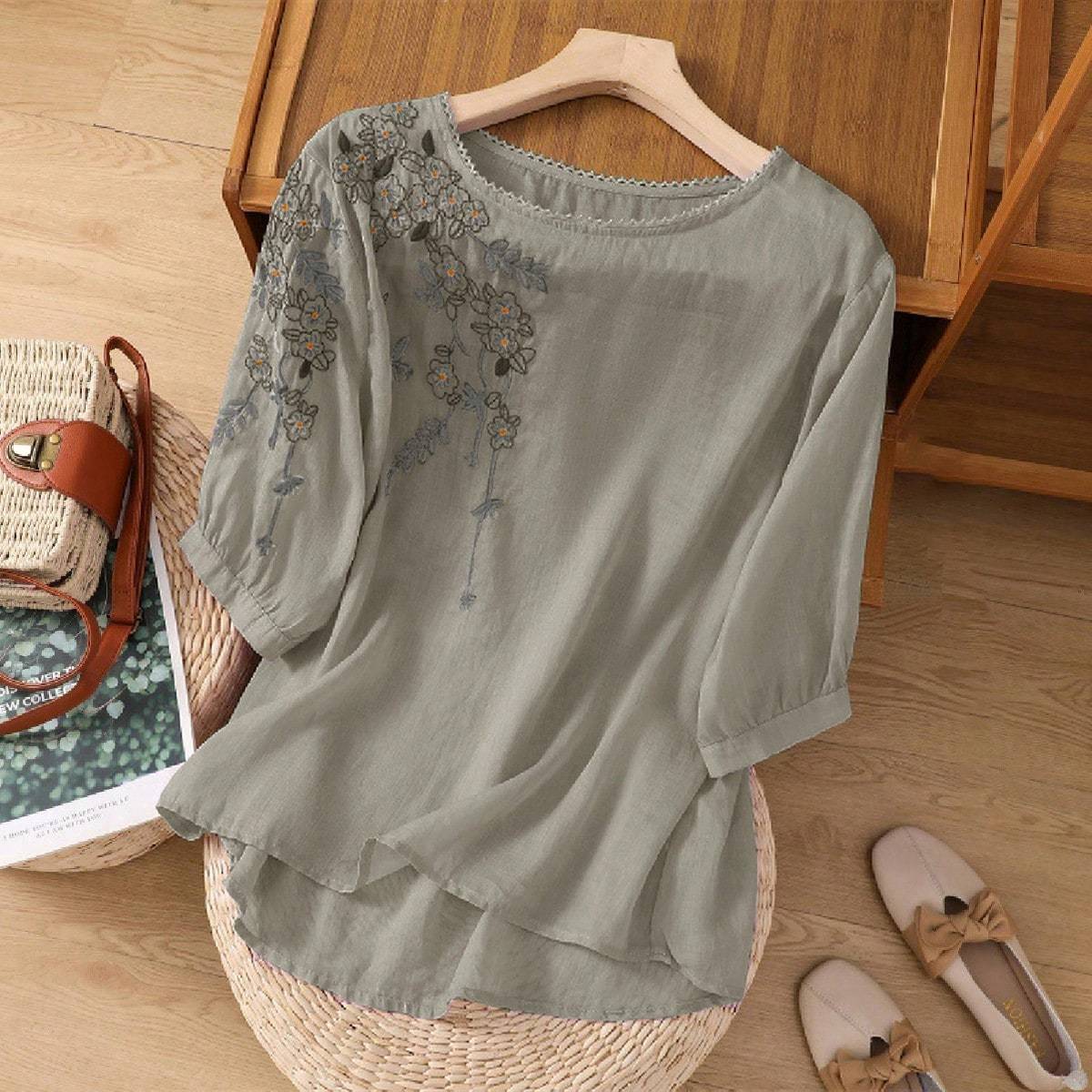Chic YC Women's Floral Embroidered 3/4 Sleeve Blouse Ruffled Crew Neck Summer Top - Image 67