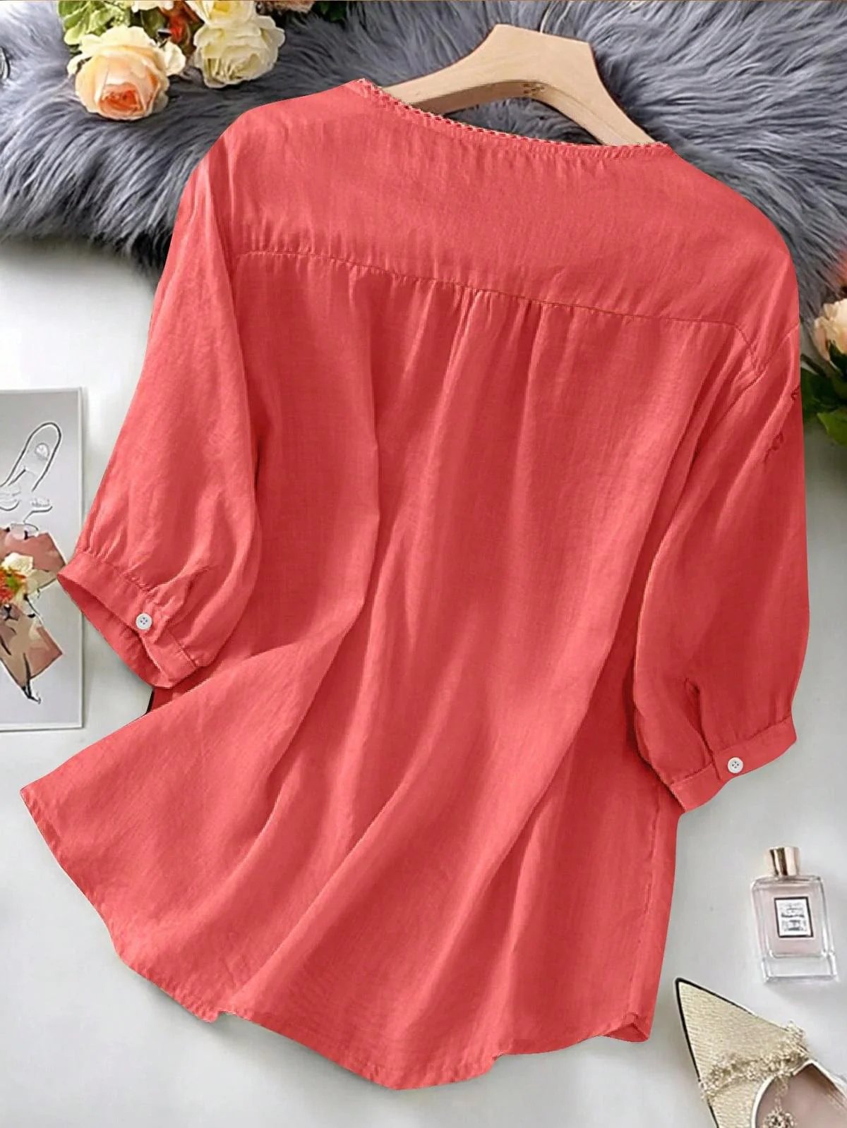 Chic YC Women's Floral Embroidered 3/4 Sleeve Blouse Ruffled Crew Neck Summer Top - Image 70