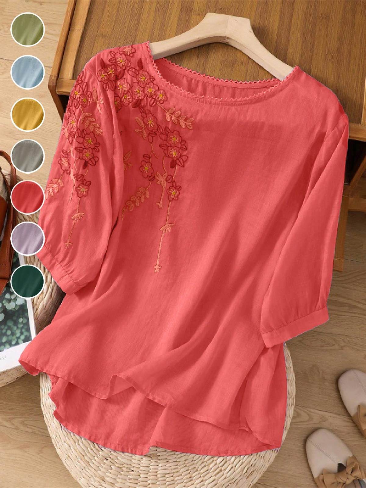 Chic YC Women's Floral Embroidered 3/4 Sleeve Blouse Ruffled Crew Neck Summer Top - Image 72