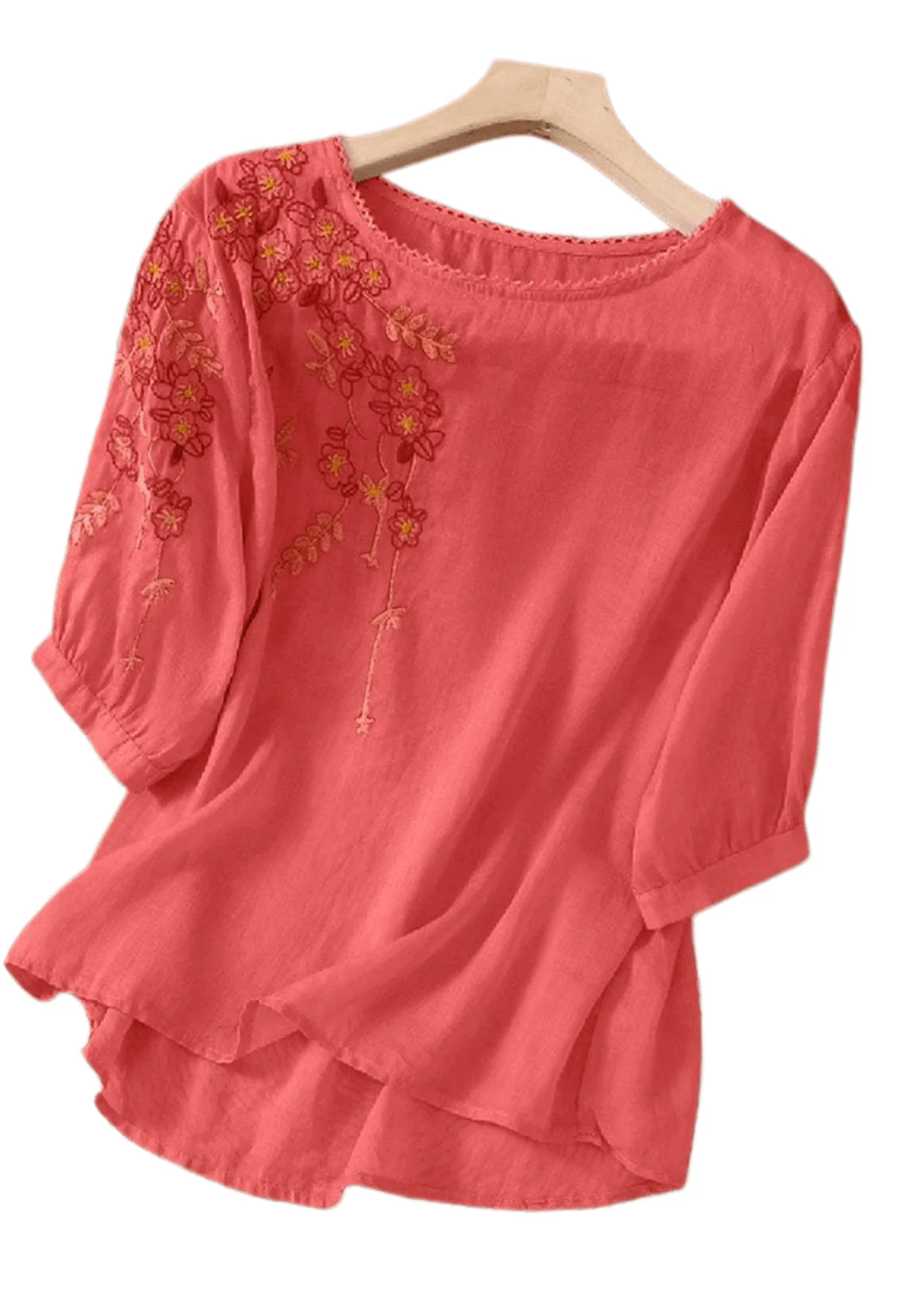 Chic YC Women's Floral Embroidered 3/4 Sleeve Blouse Ruffled Crew Neck Summer Top - Image 76